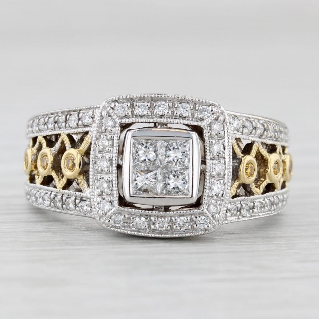 0.56ctw White Yellow Diamond Princess Engagement Ring 18k Gold Size 7.5 Bon état - En vente à McLeansville, NC