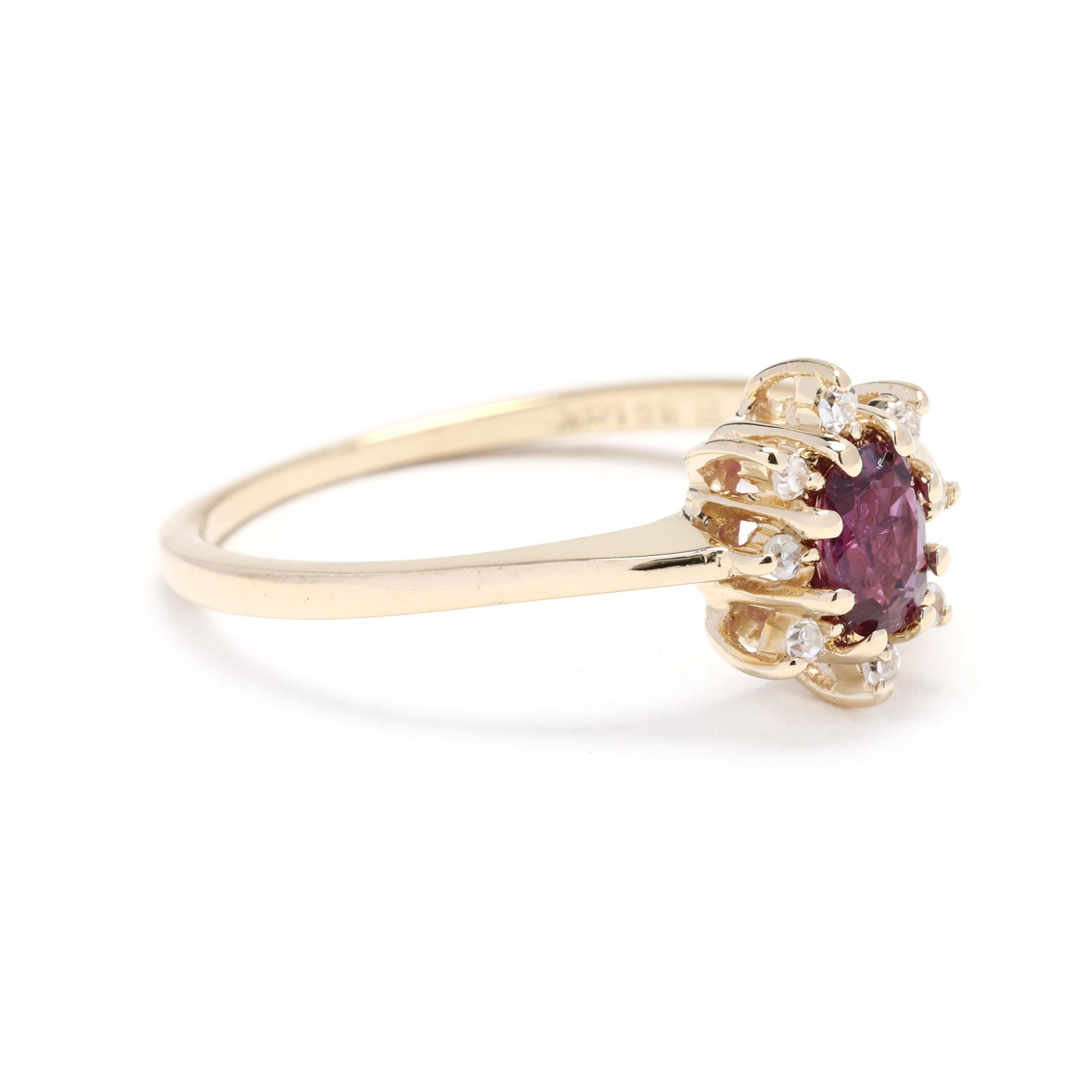 This stunning cocktail ring showcases a beautiful combination of diamonds and rubies. Crafted in 14k yellow gold, the ring features a 0.50ctw ruby center stone, surrounded by a halo of vibrant diamond gemstones. The diamonds and rubies are