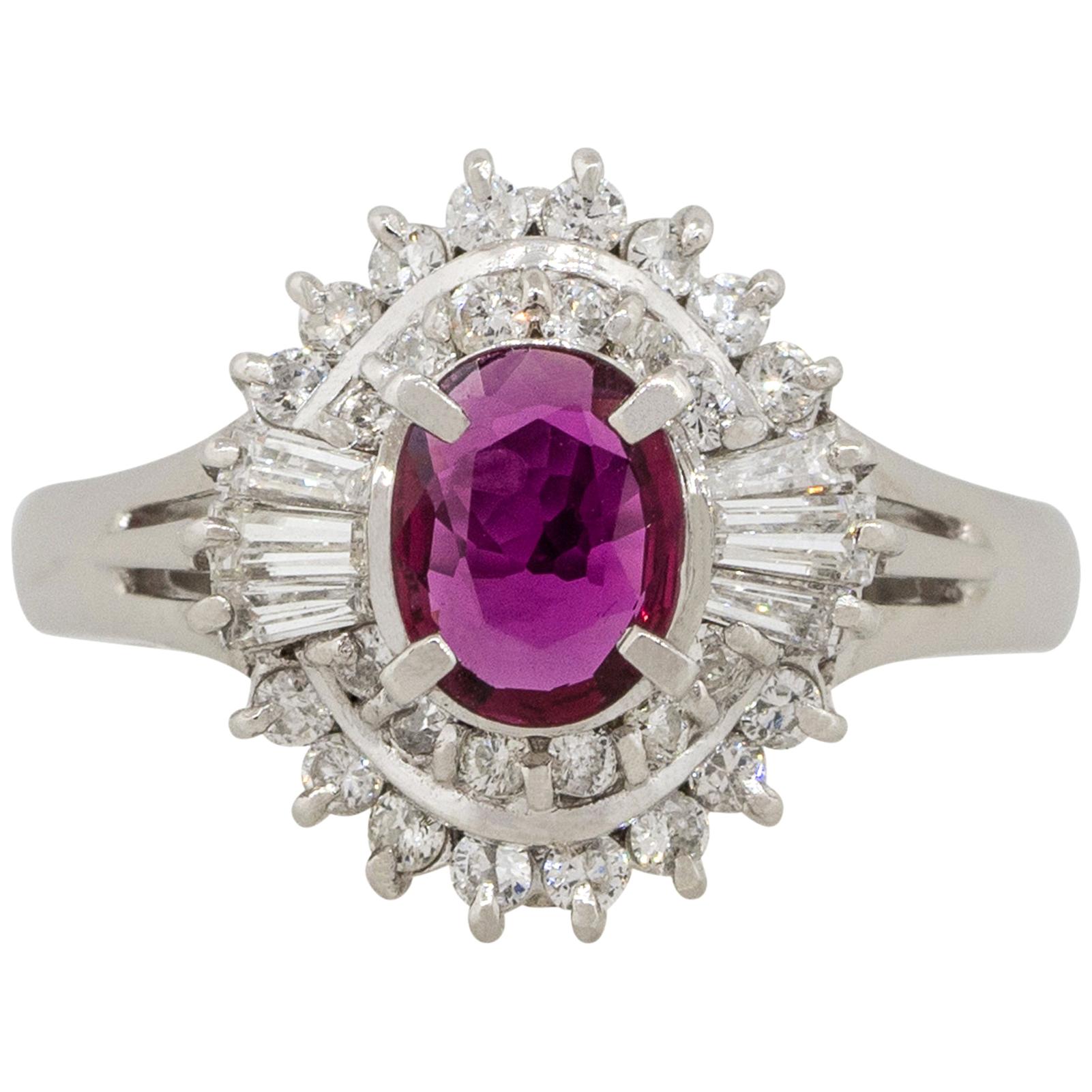 0.57 Carat Oval Ruby Center Diamond Cocktail Ring Platinum in Stock