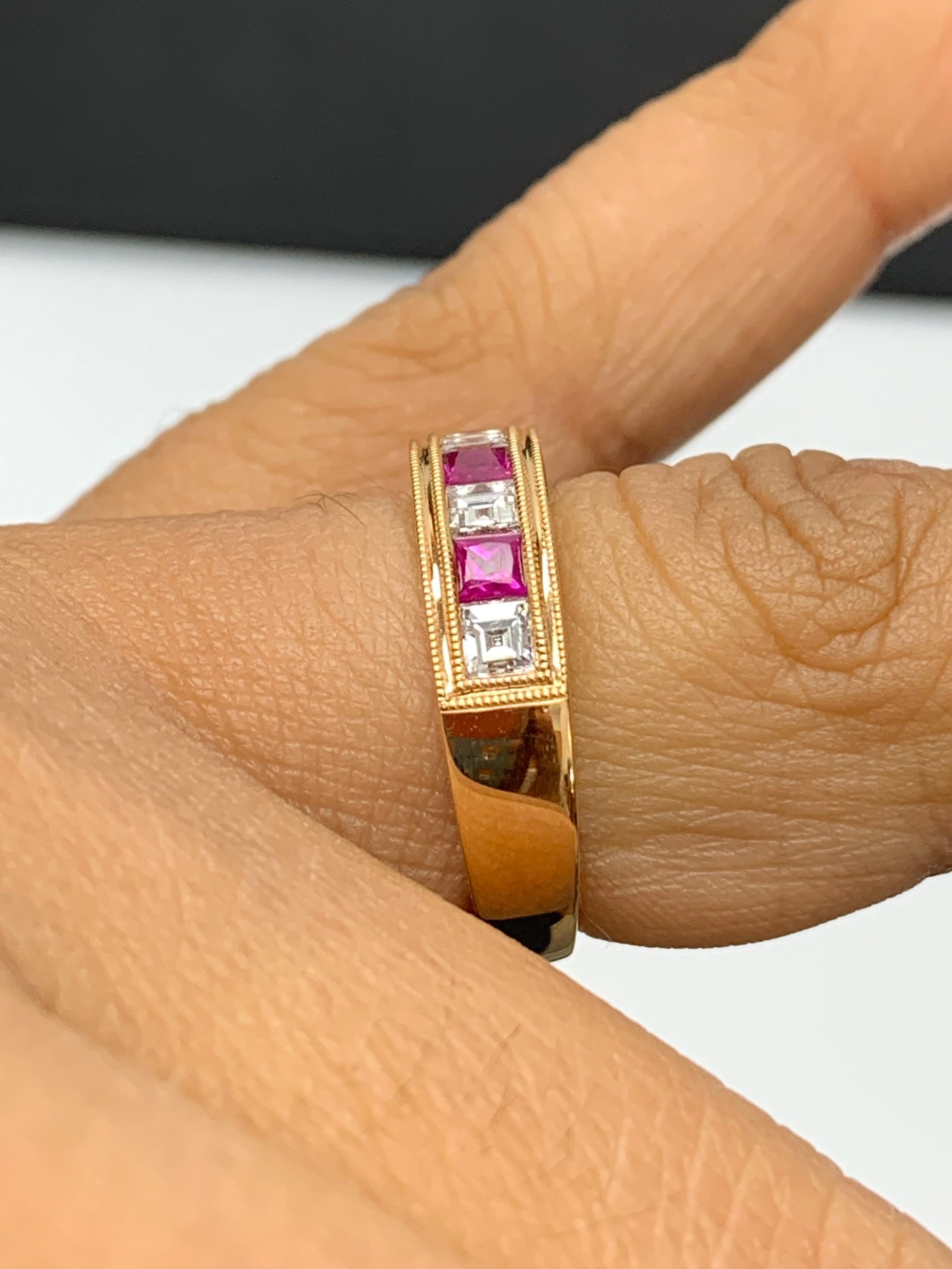 0.57 Carat Princess Cut Ruby and Diamond Band in 18K Rose Gold For Sale 6
