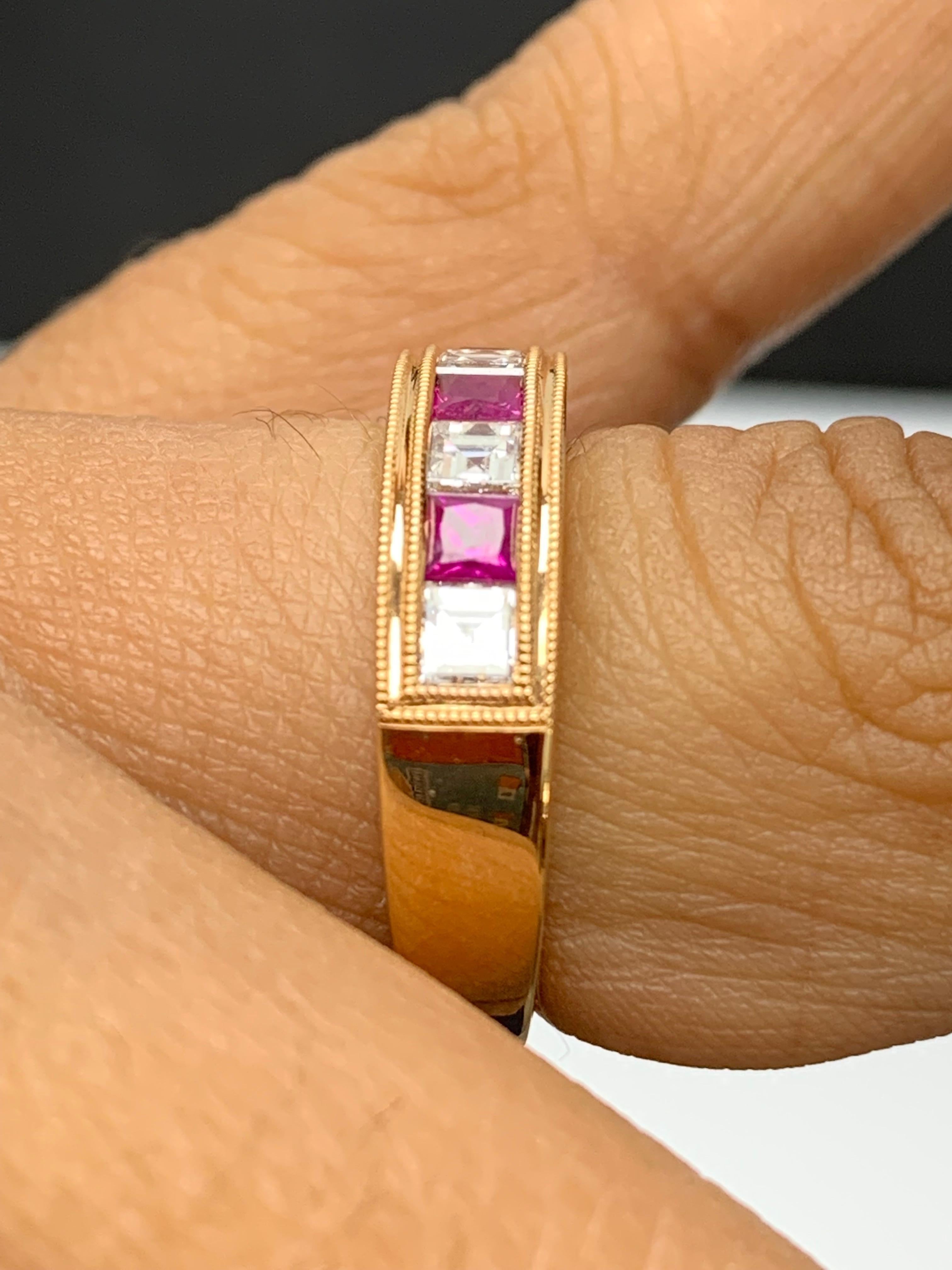 0.57 Carat Princess Cut Ruby and Diamond Band in 18K Rose Gold For Sale 7