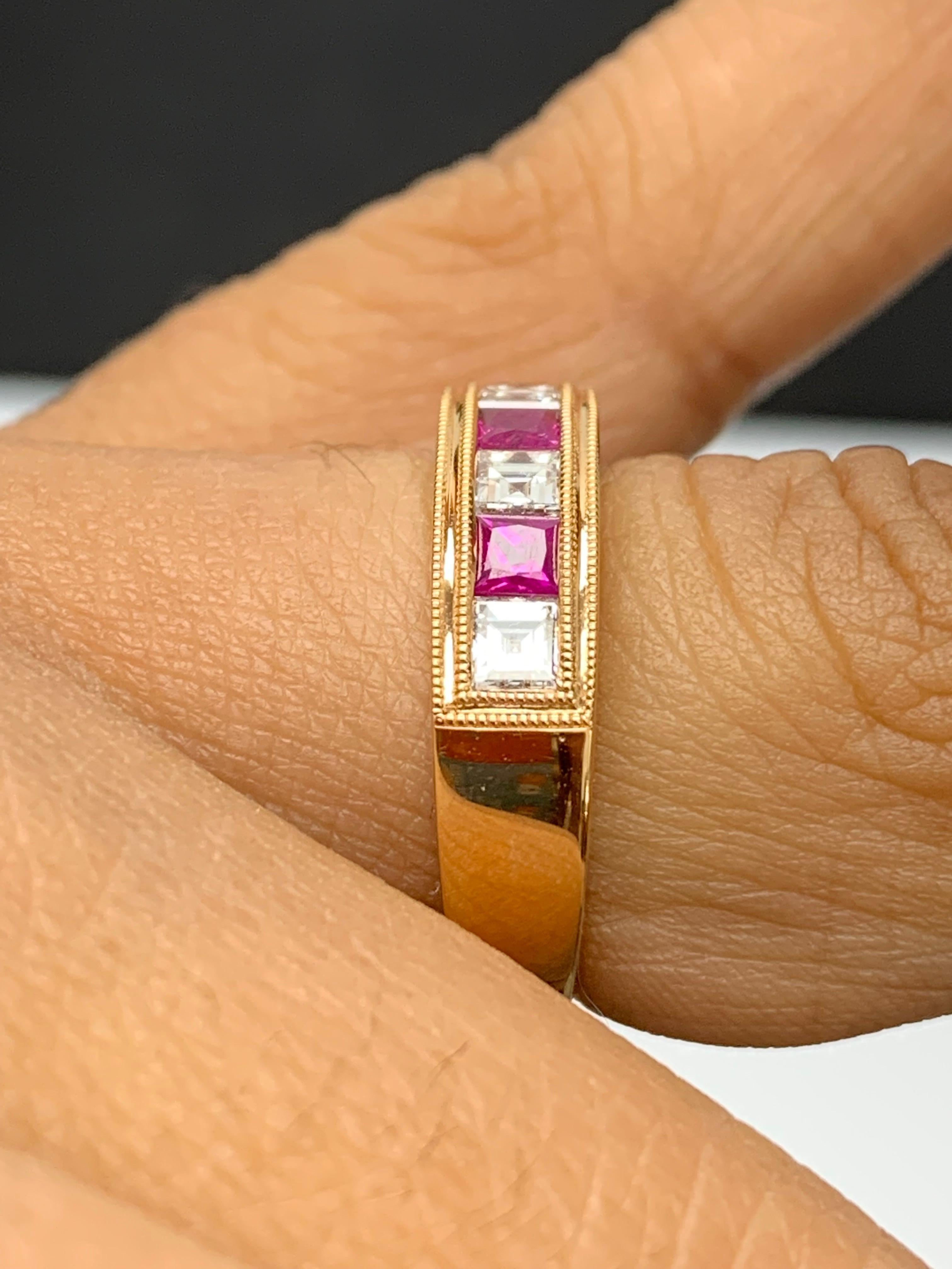 0.57 Carat Princess Cut Ruby and Diamond Band in 18K Rose Gold For Sale 8