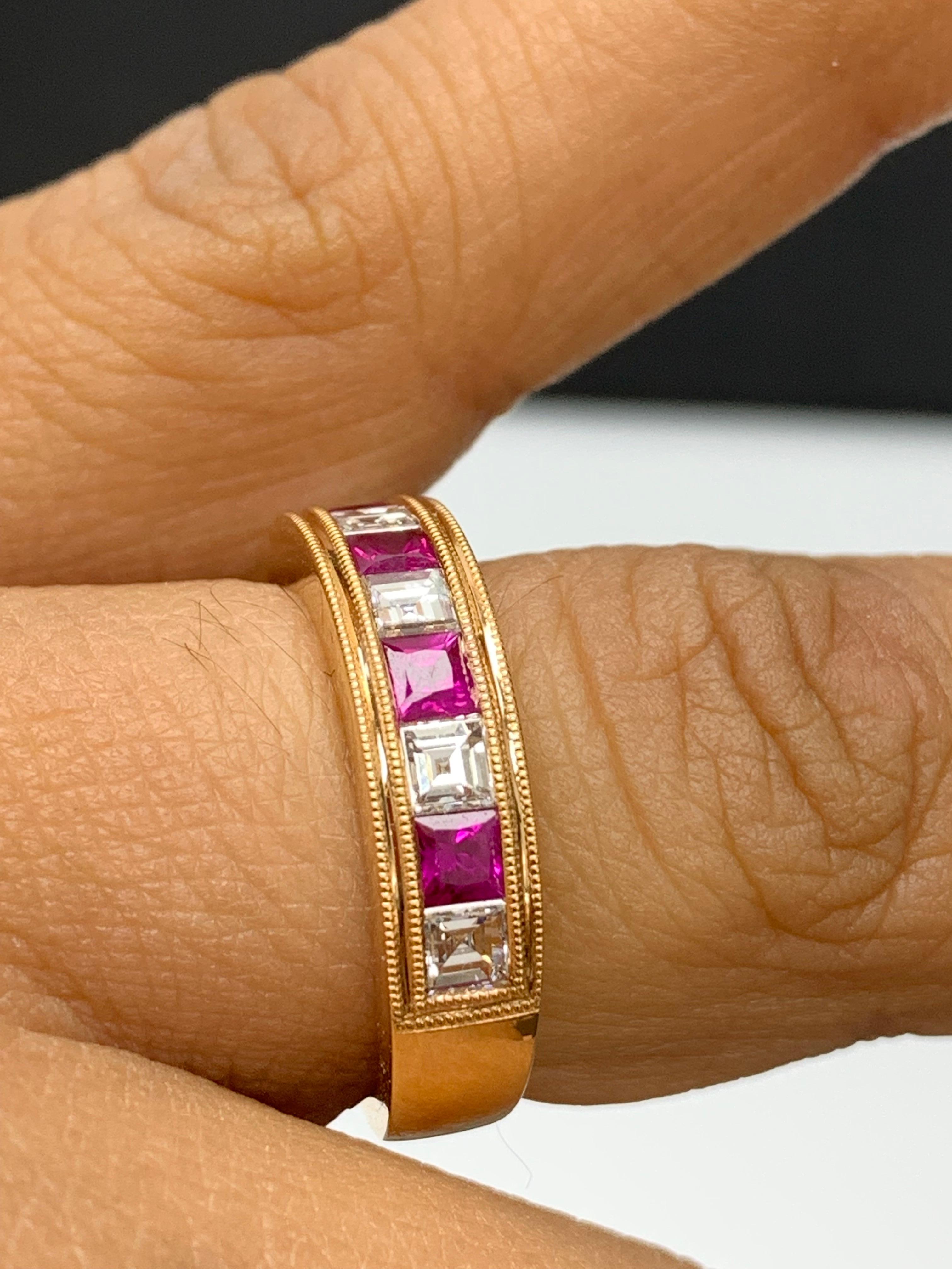 0.57 Carat Princess Cut Ruby and Diamond Band in 18K Rose Gold For Sale 9