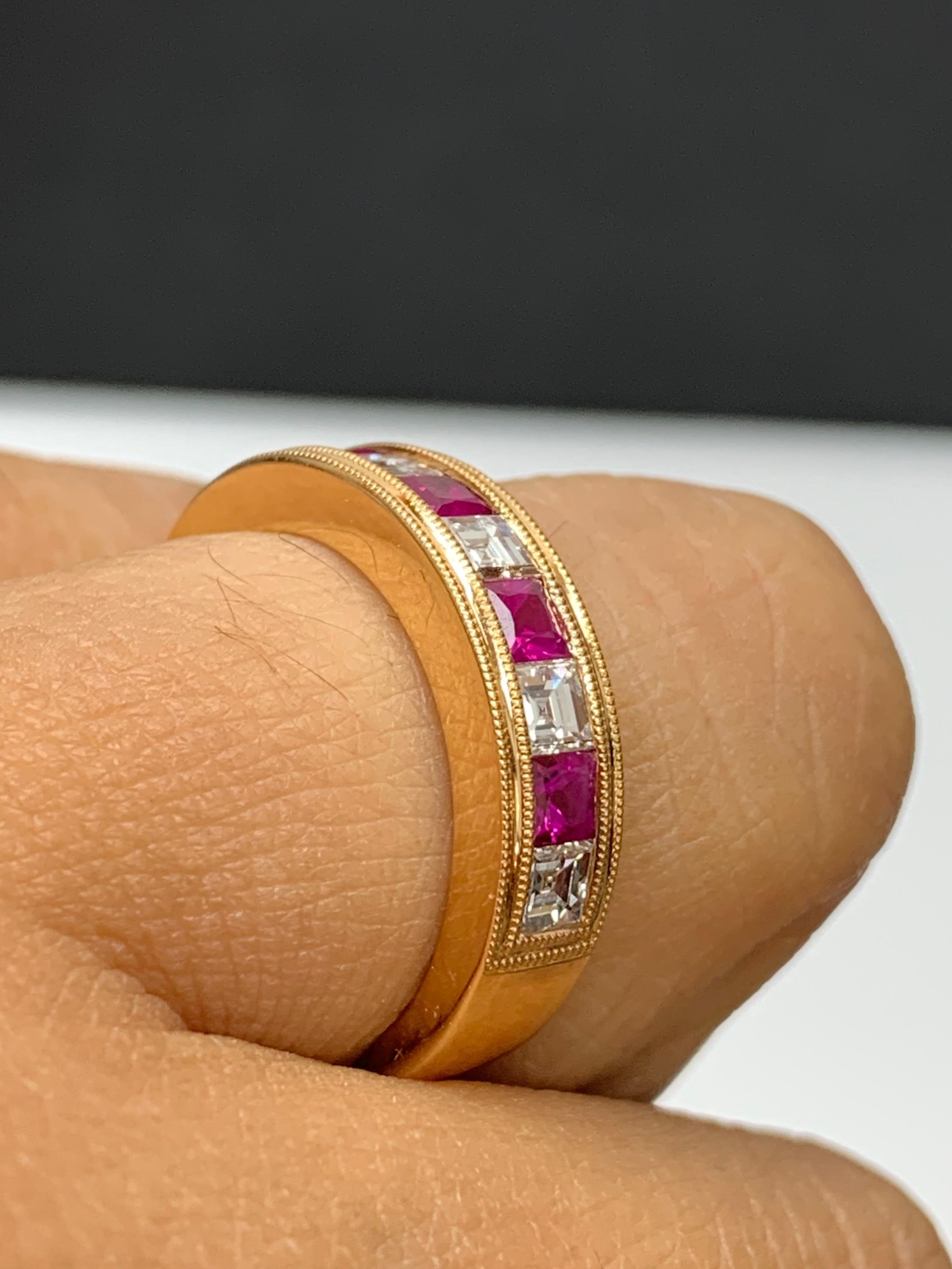 0.57 Carat Princess Cut Ruby and Diamond Band in 18K Rose Gold For Sale 10