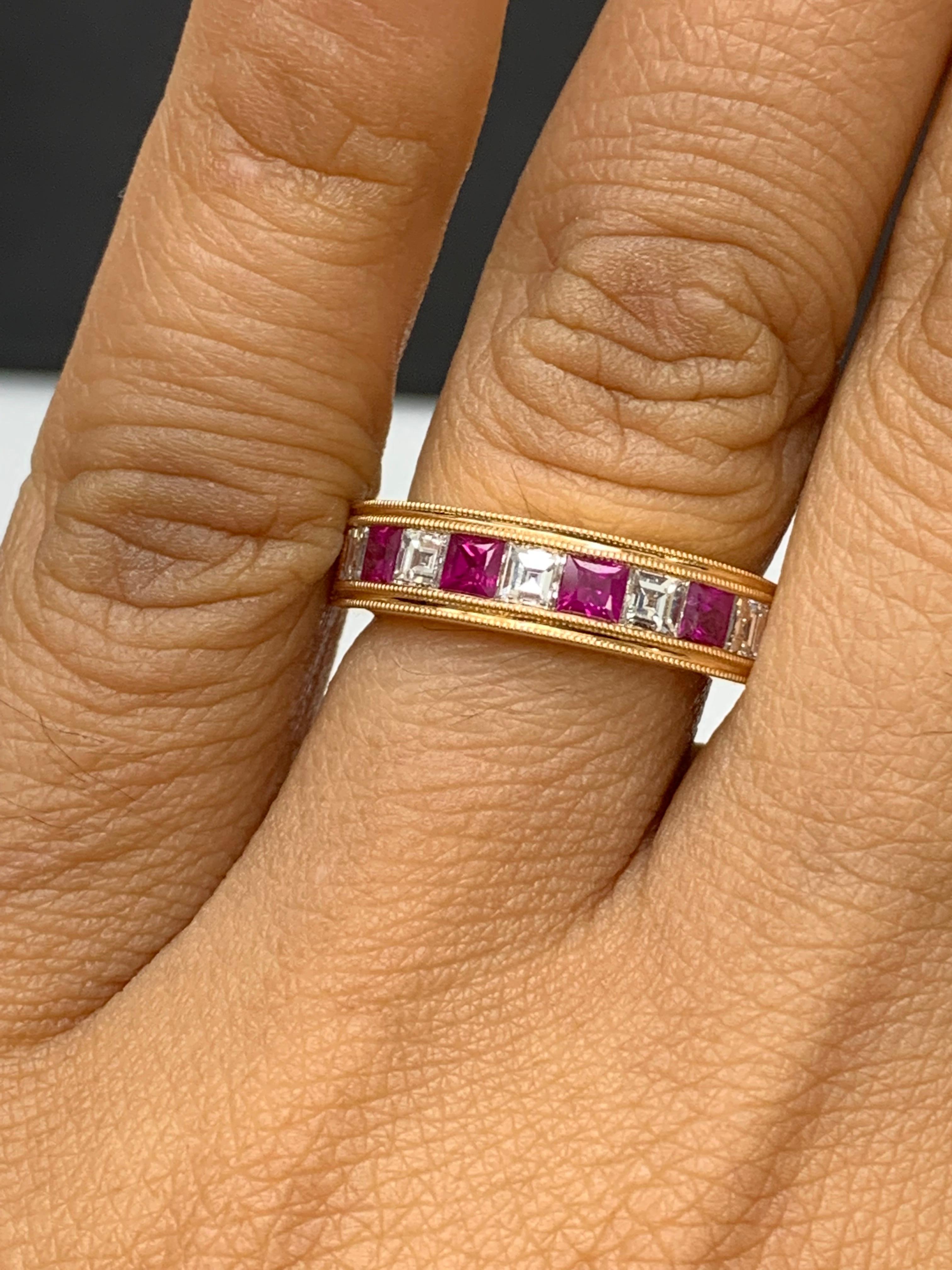 0.57 Carat Princess Cut Ruby and Diamond Band in 18K Rose Gold For Sale 11