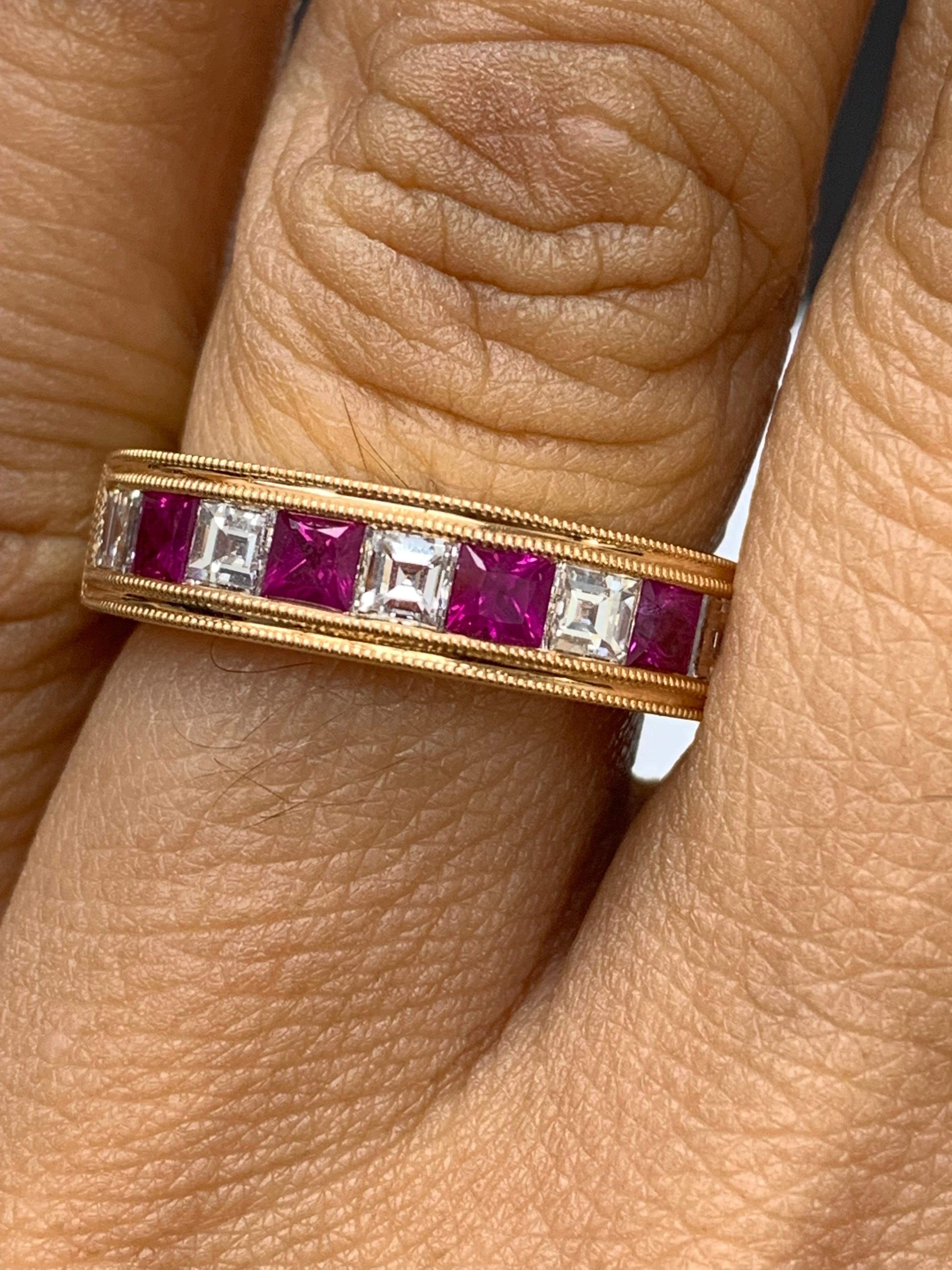 0.57 Carat Princess Cut Ruby and Diamond Band in 18K Rose Gold For Sale 12
