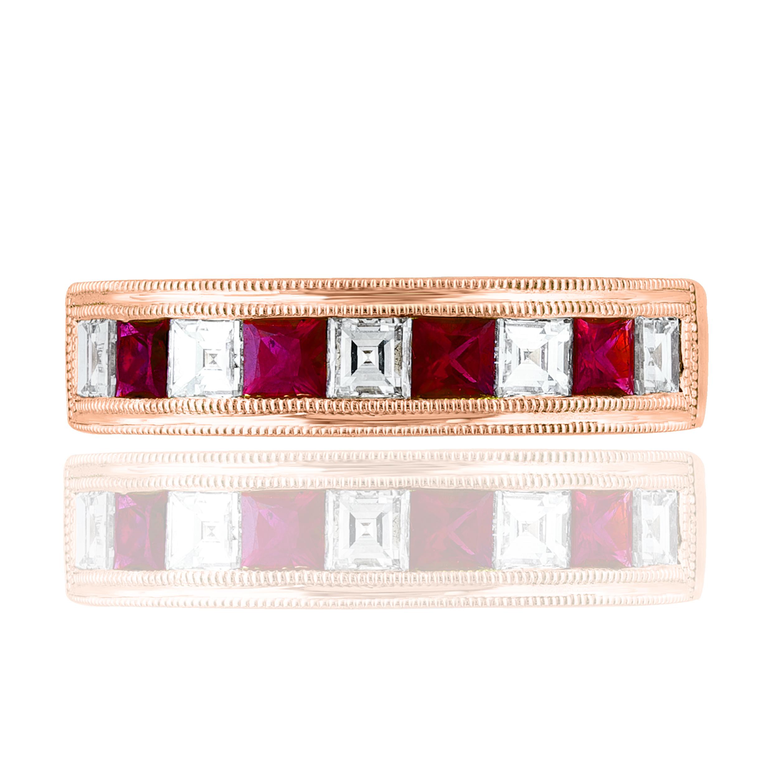Handcrafted to perfection; showcasing color-rich princess-cut red rubies that elegantly alternate princess-cut diamonds in an 18k rose gold setting. 
The 4 Rubies weigh 0.57 carats total and 5 diamonds weigh 0.68 carats total.

Size 6.5 US