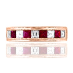 0.57 Carat Princess Cut Ruby and Diamond Band in 18K Rose Gold