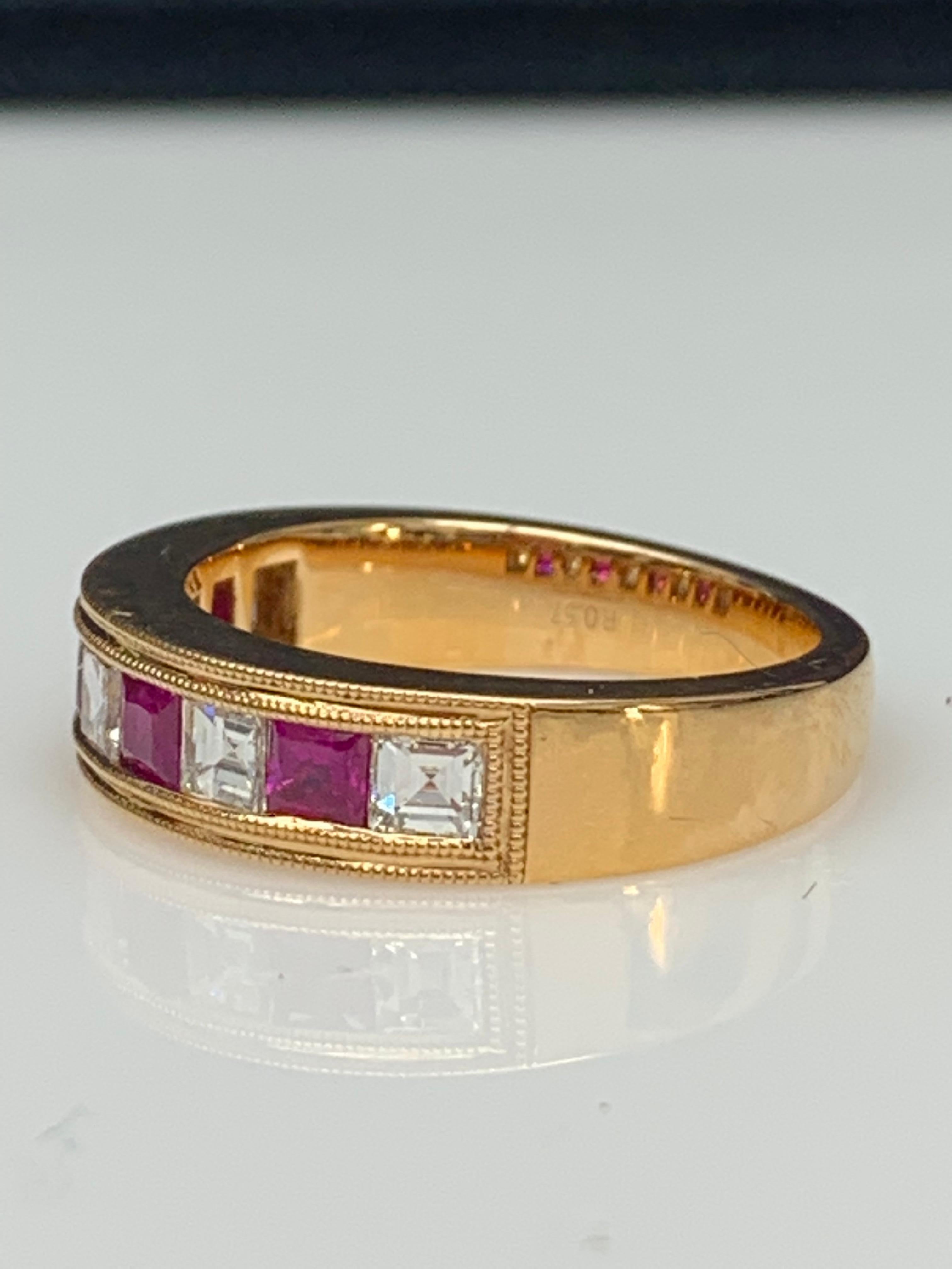 Contemporary 0.57 Carat Princess Cut Ruby and Diamond Band in 18K Rose Gold For Sale