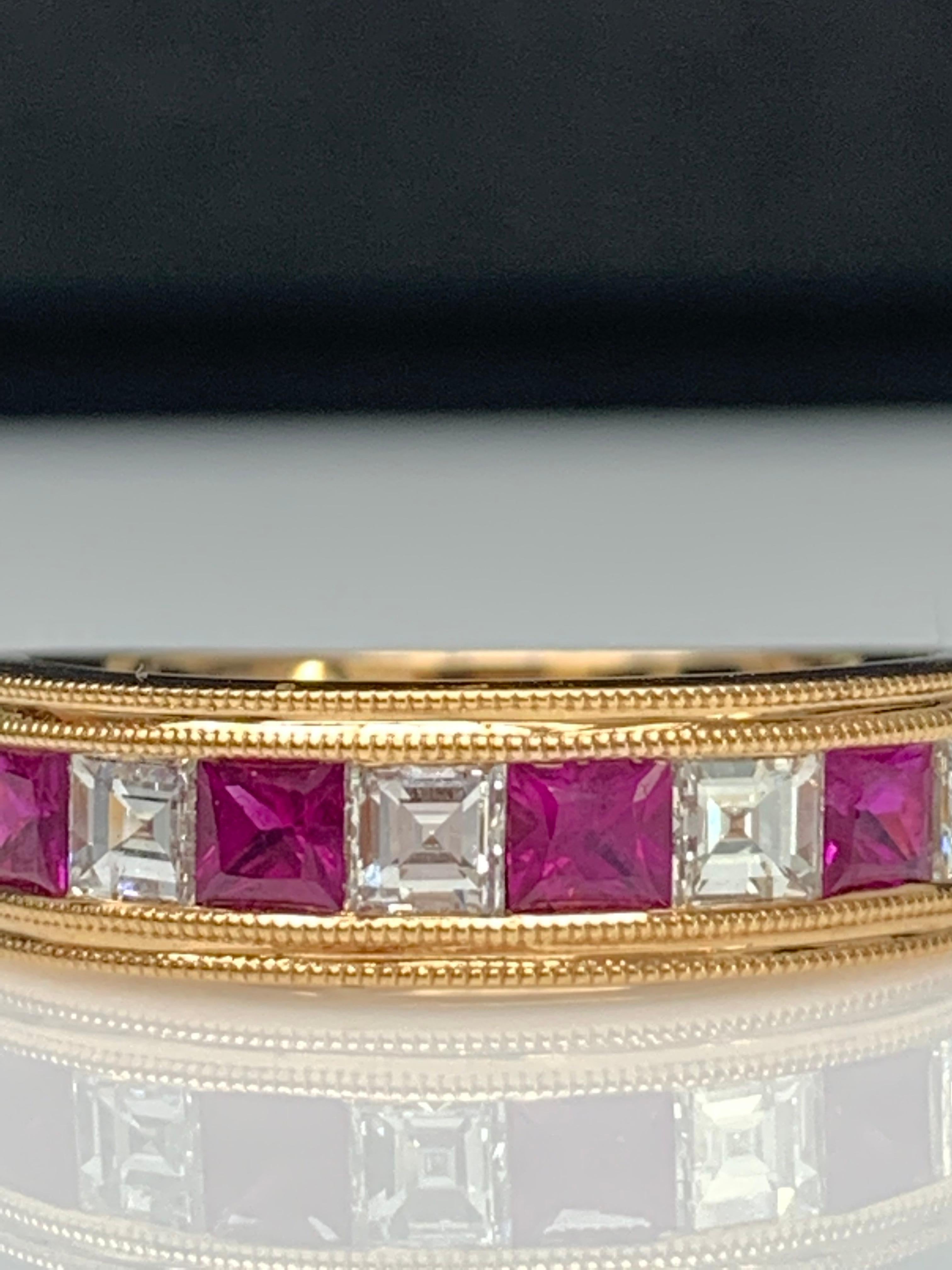 0.57 Carat Princess Cut Ruby and Diamond Band in 18K Rose Gold For Sale 2