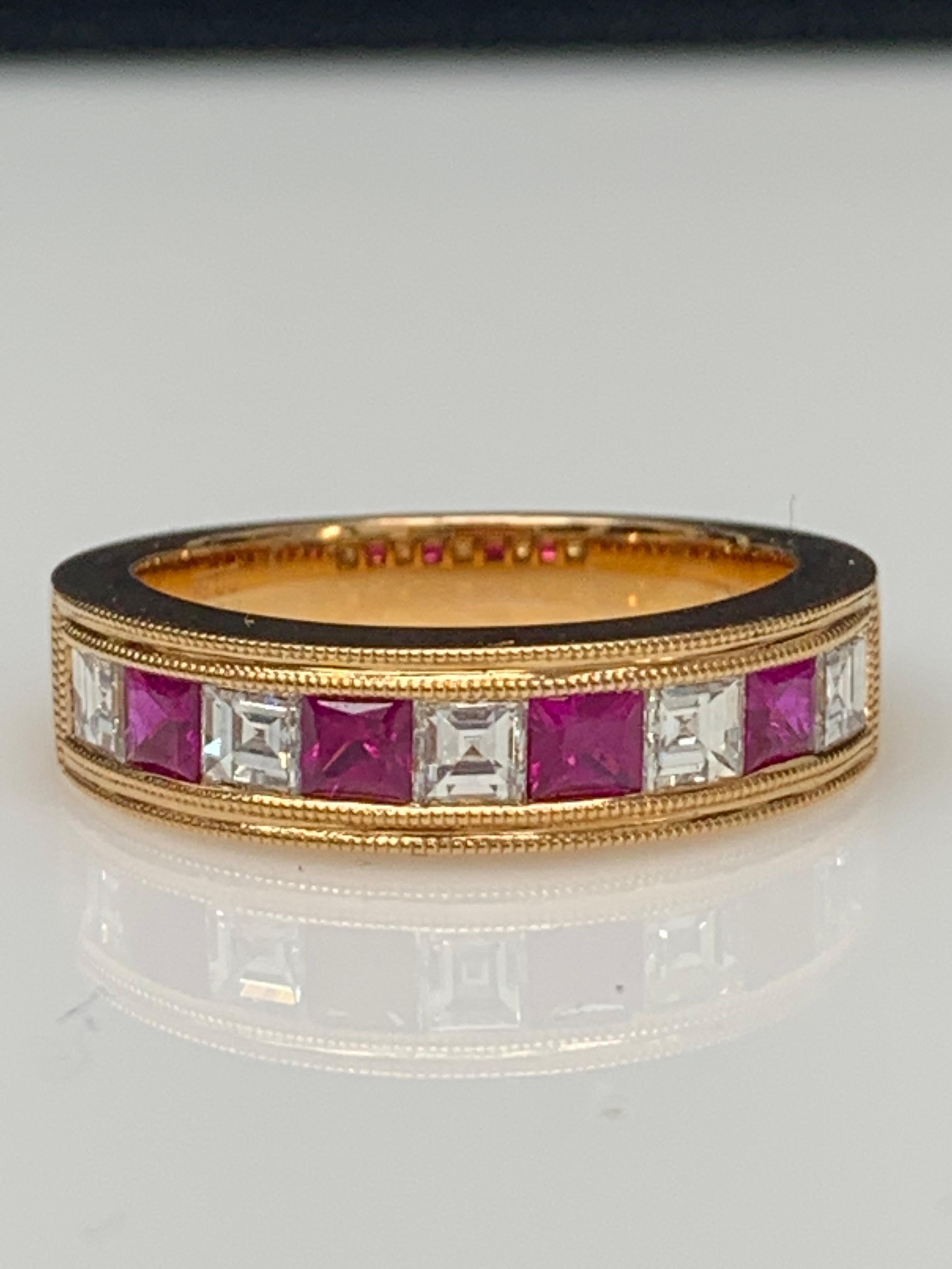 0.57 Carat Princess Cut Ruby and Diamond Band in 18K Rose Gold For Sale 3