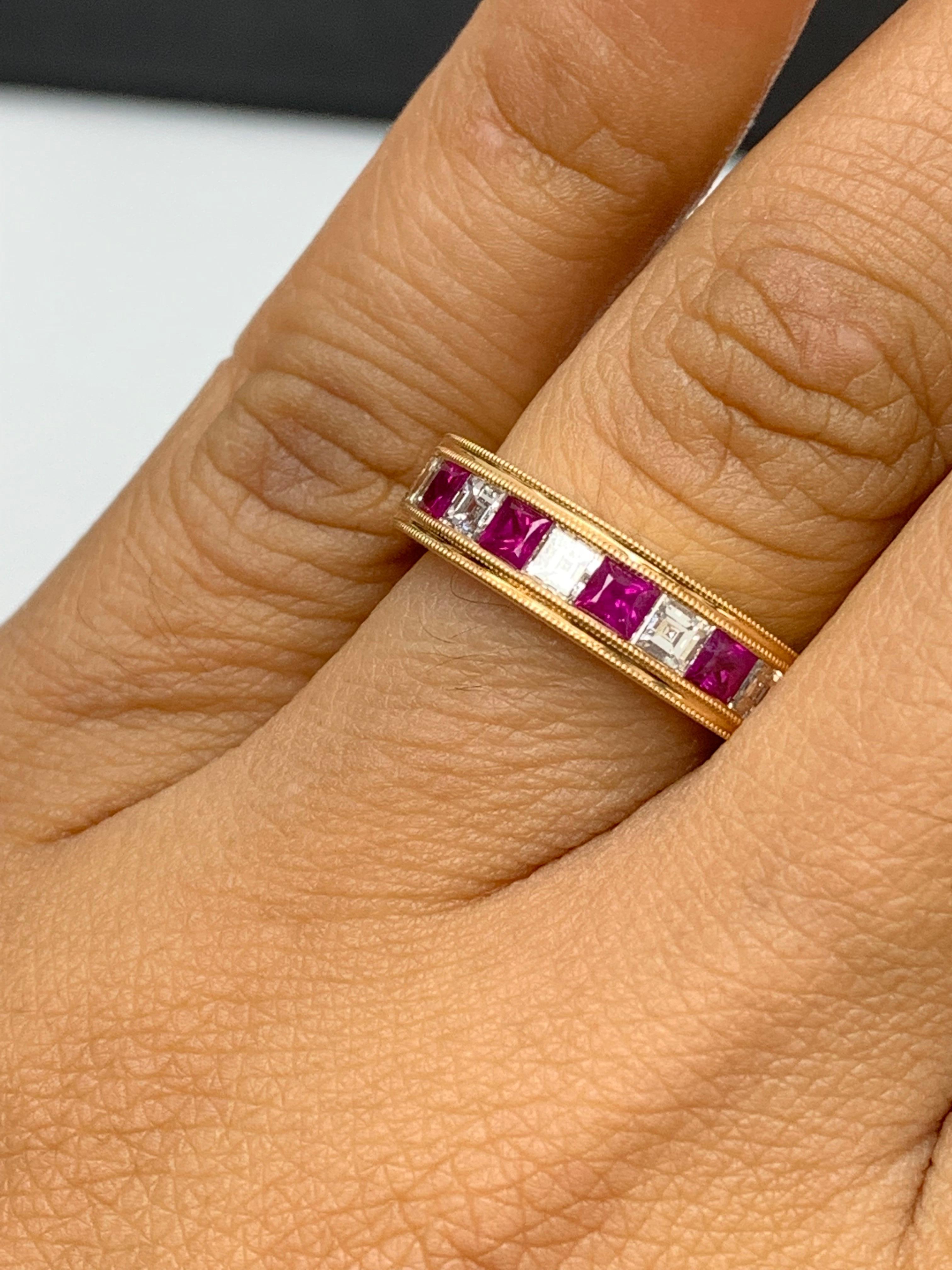 0.57 Carat Princess Cut Ruby and Diamond Band in 18K Rose Gold For Sale 4