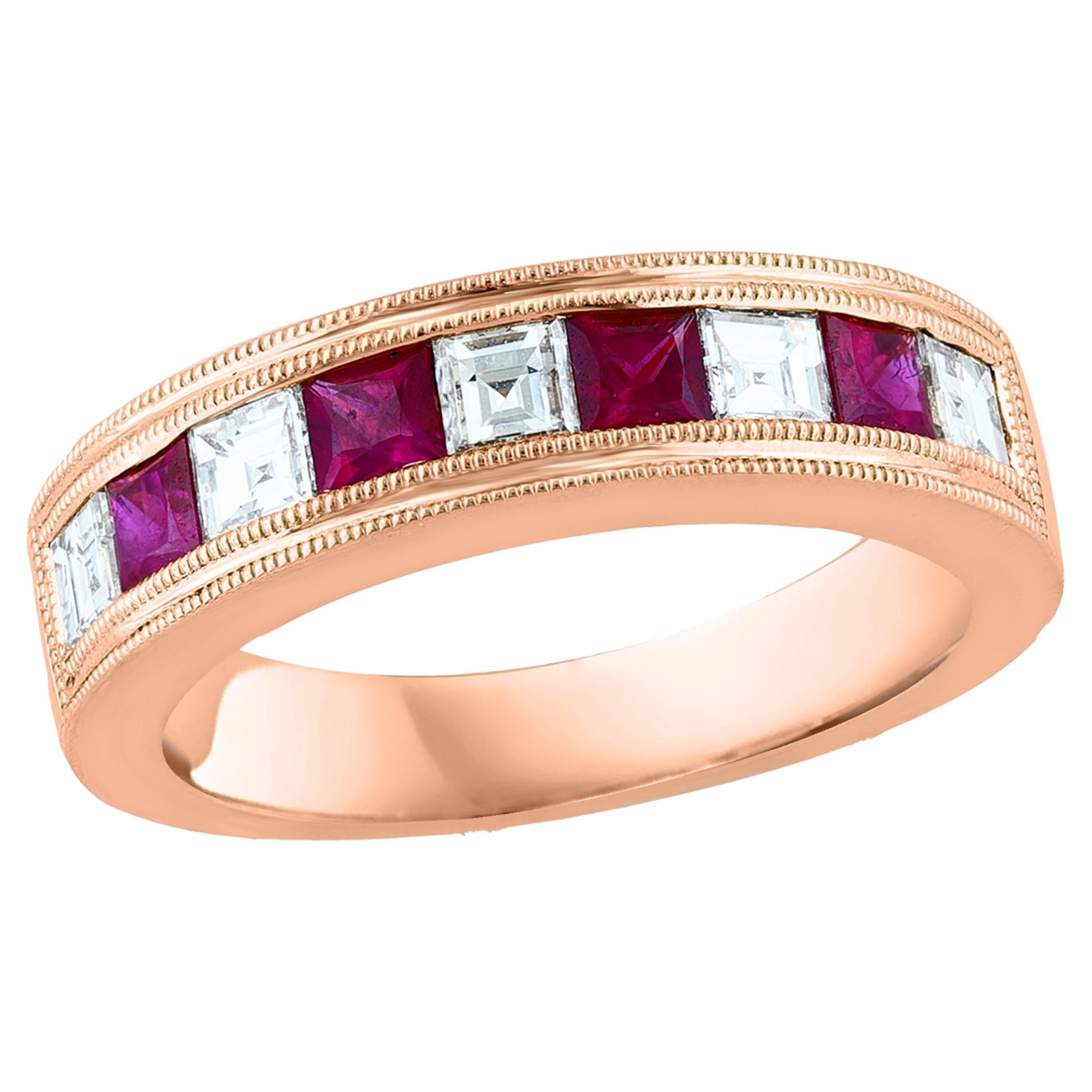 0.57 Carat Princess Cut Ruby and Diamond Band in 18K Rose Gold For Sale