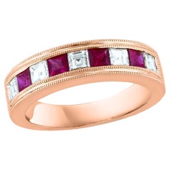 0.57 Carat Princess Cut Ruby and Diamond Band in 18K Rose Gold