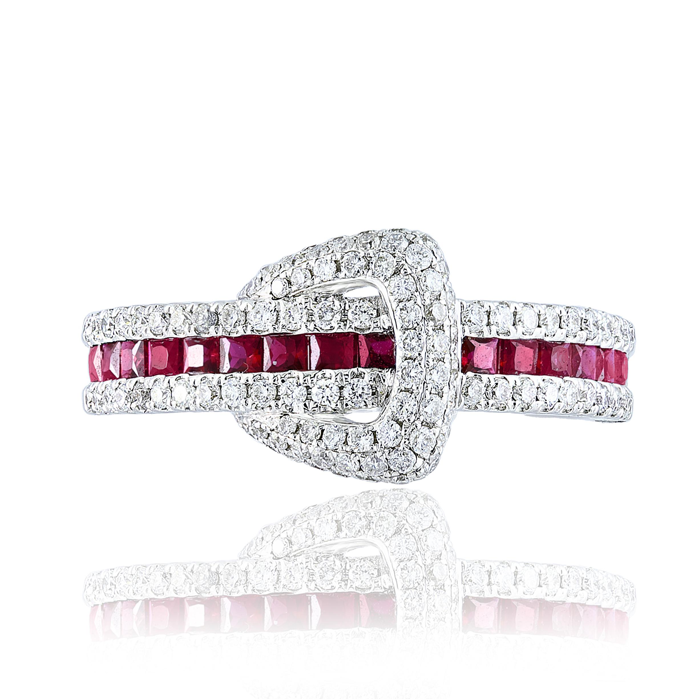 Handcrafted to perfection; this elegant band ring showcases brilliant cut diamonds weighing 0.47 carats total, set in-between princess cut rubies weighing 0.59 carats total. Made in polished 18k white gold.

Size 6.5 US (Sizable). 
All diamonds are