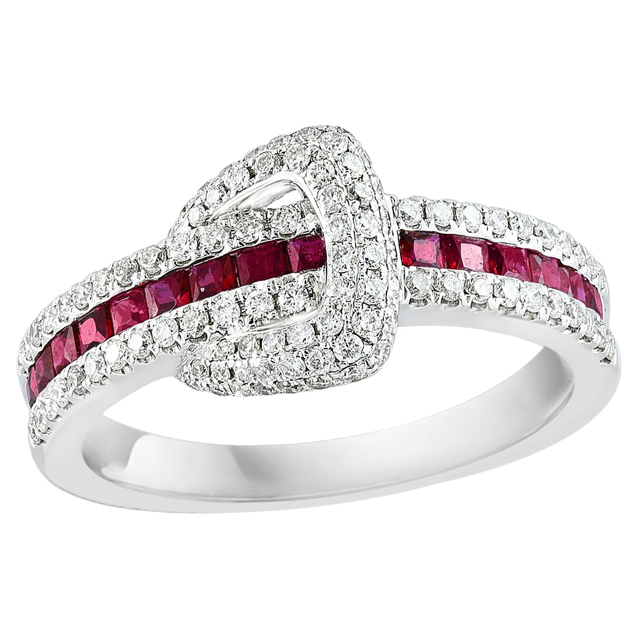 0.57 Carat Princess Cut Ruby and Diamond Band in 18K White Gold