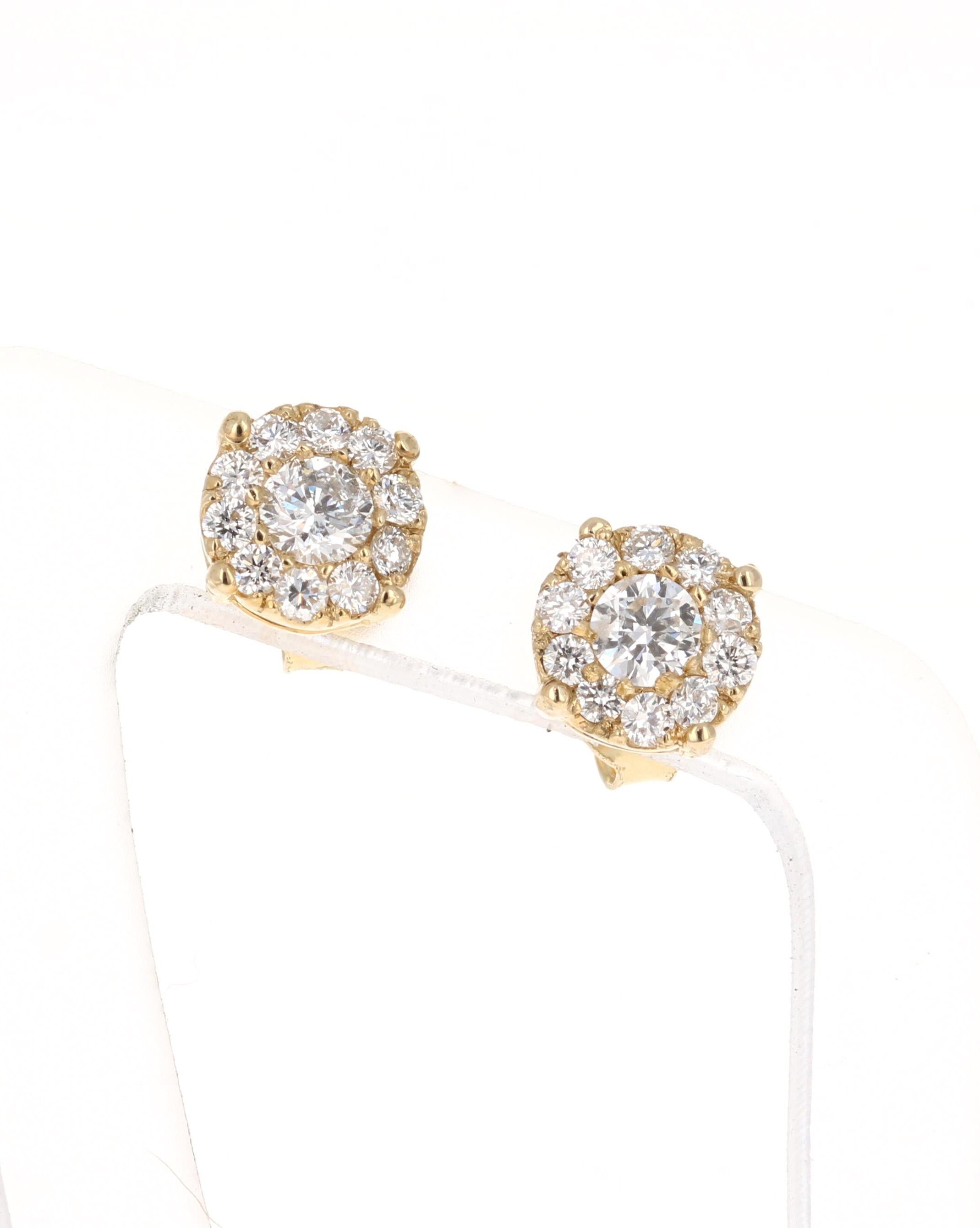 Round Cut 0.57 Carat Round Cluster Diamond Yellow Gold Stud Earrings For Sale