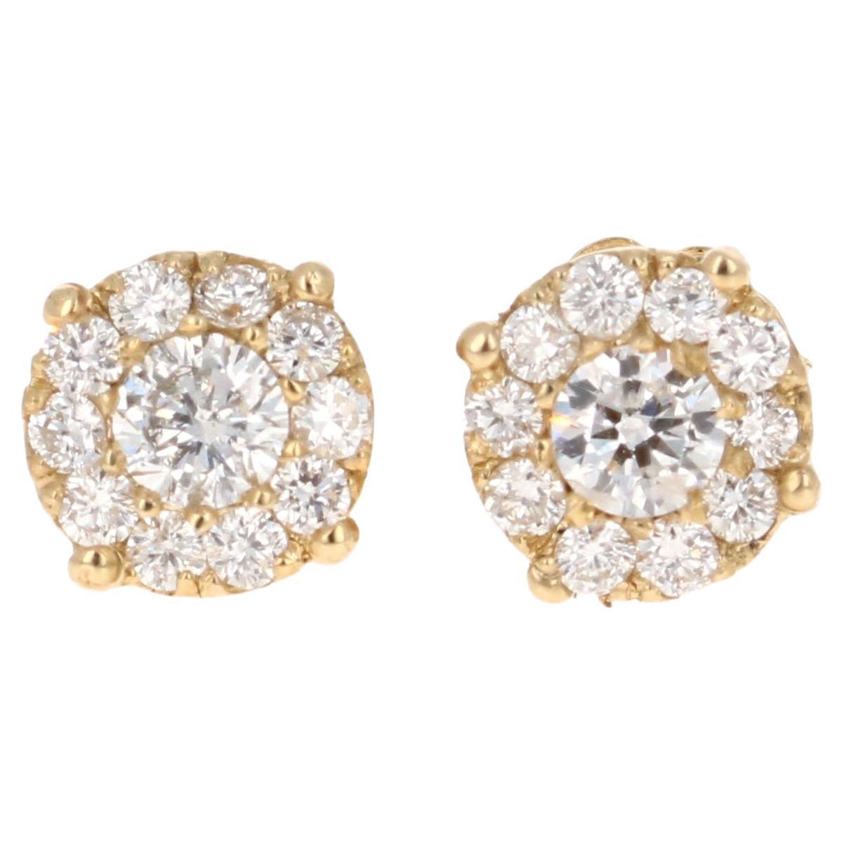 0.57 Carat Round Cluster Diamond Yellow Gold Stud Earrings