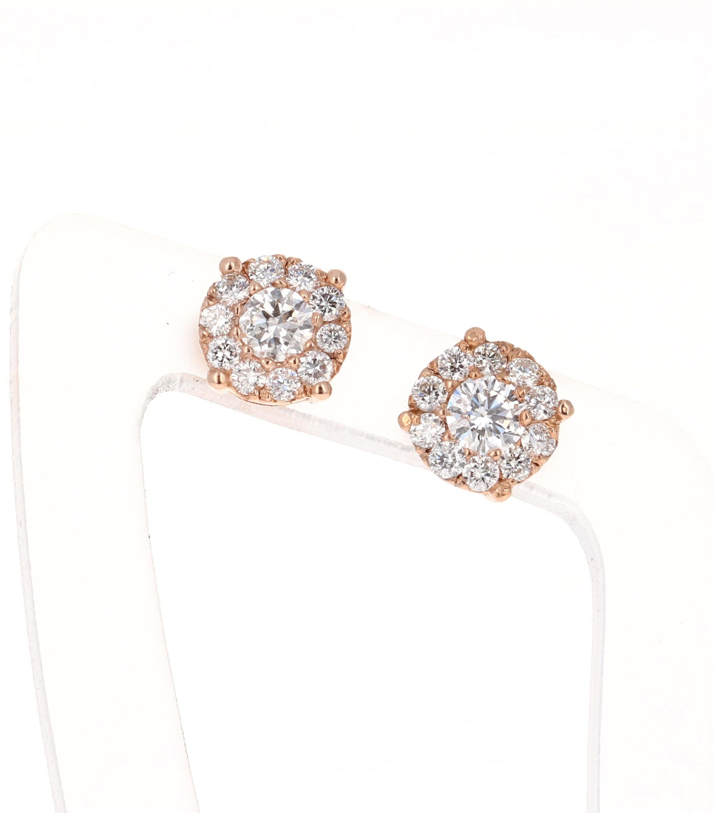 Taille ronde Clous d'oreilles en or rose 14 carats avec diamants ronds invisibles 0,57 carat en vente