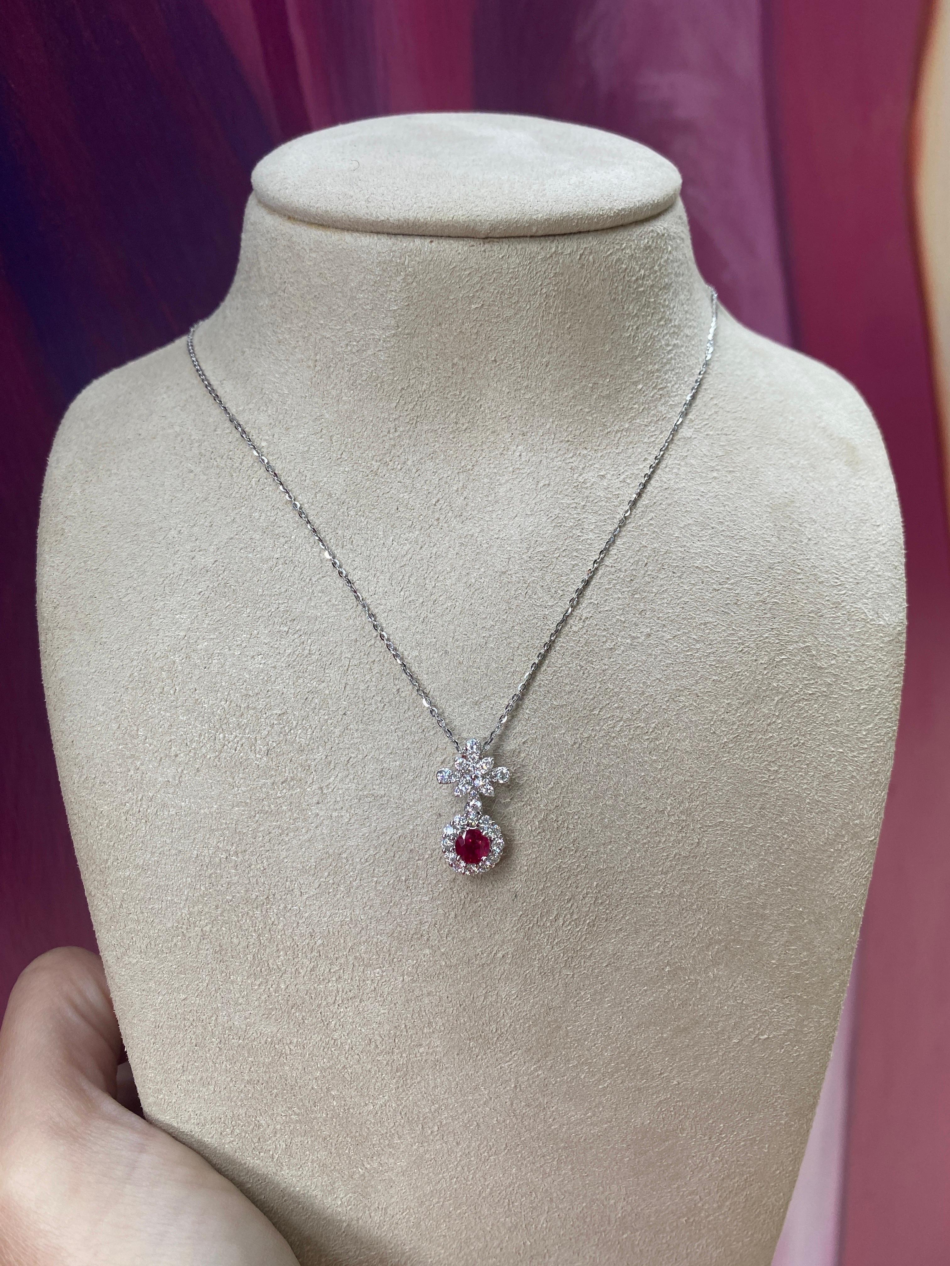 0.57 Carat Round Ruby & 0.52ctw Round Diamonds 18 Karat Pendant Necklace For Sale 5