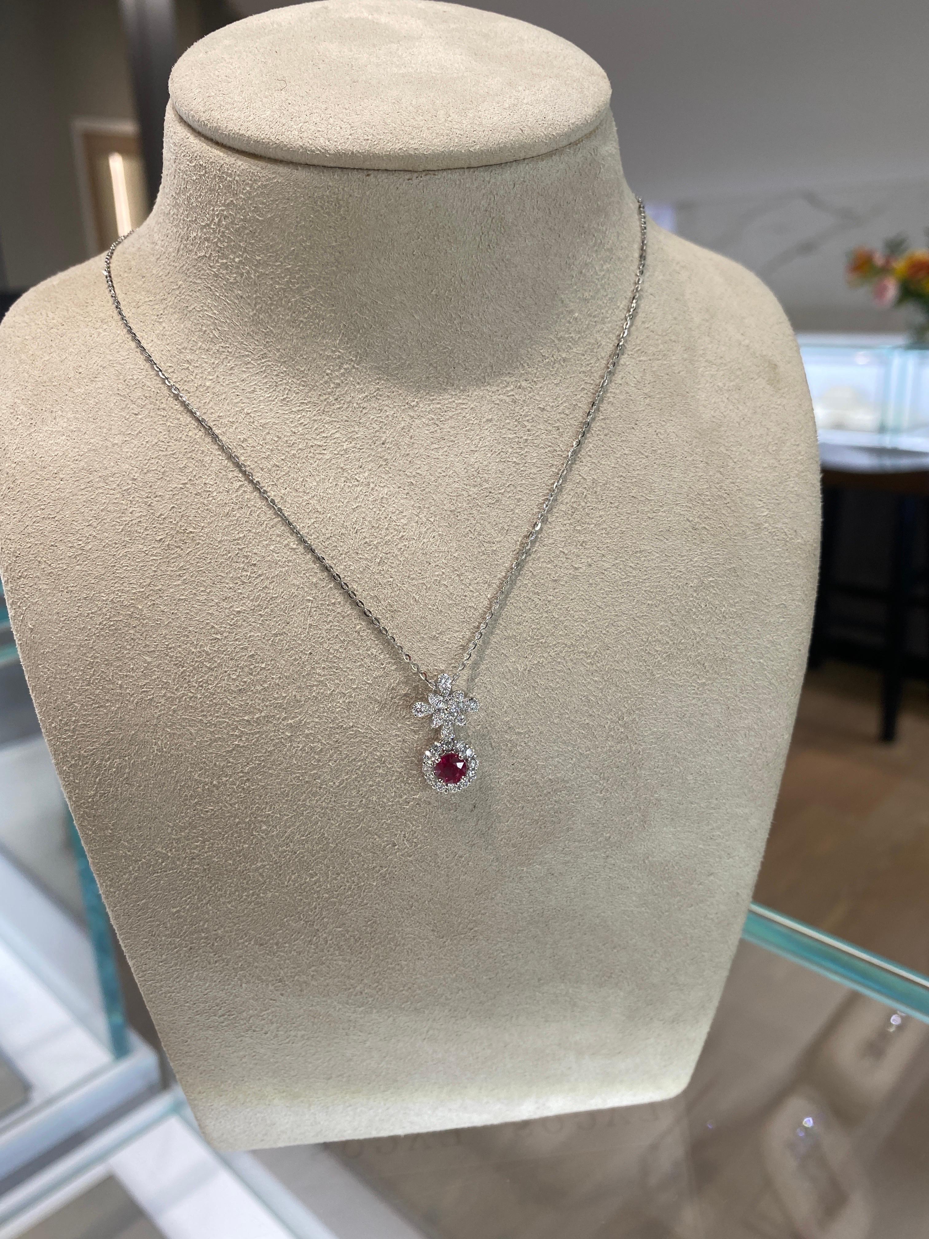Women's or Men's 0.57 Carat Round Ruby & 0.52ctw Round Diamonds 18 Karat Pendant Necklace For Sale