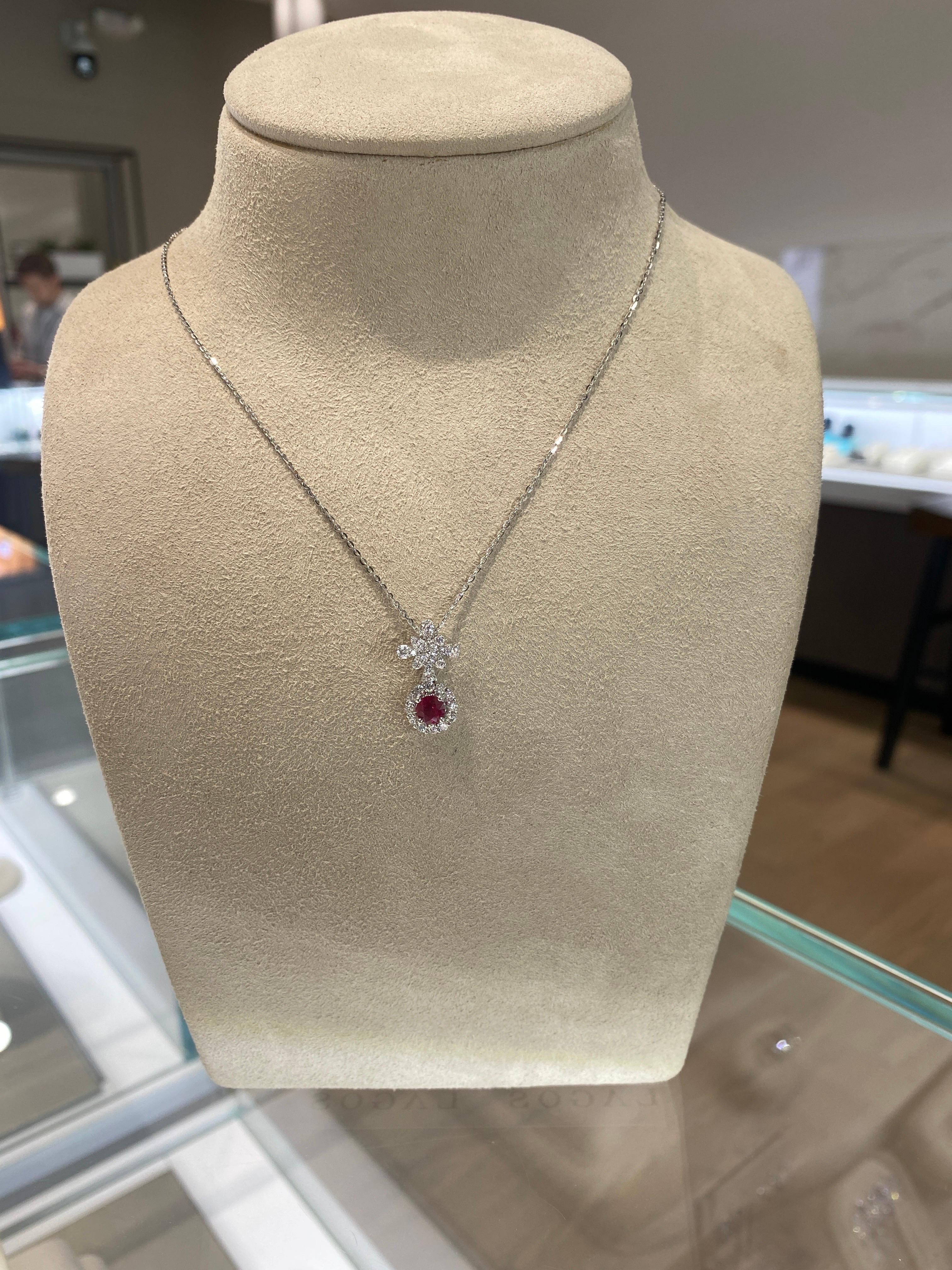 0.57 Carat Round Ruby & 0.52ctw Round Diamonds 18 Karat Pendant Necklace For Sale 4
