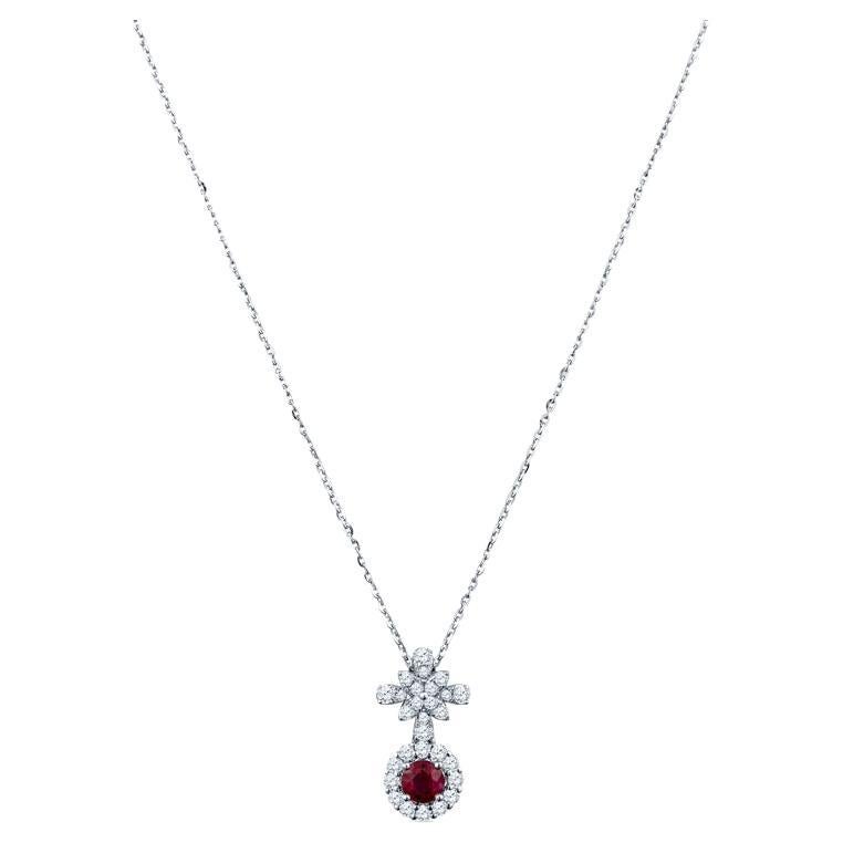 0.57 Carat Round Ruby & 0.52ctw Round Diamonds 18 Karat Pendant Necklace For Sale