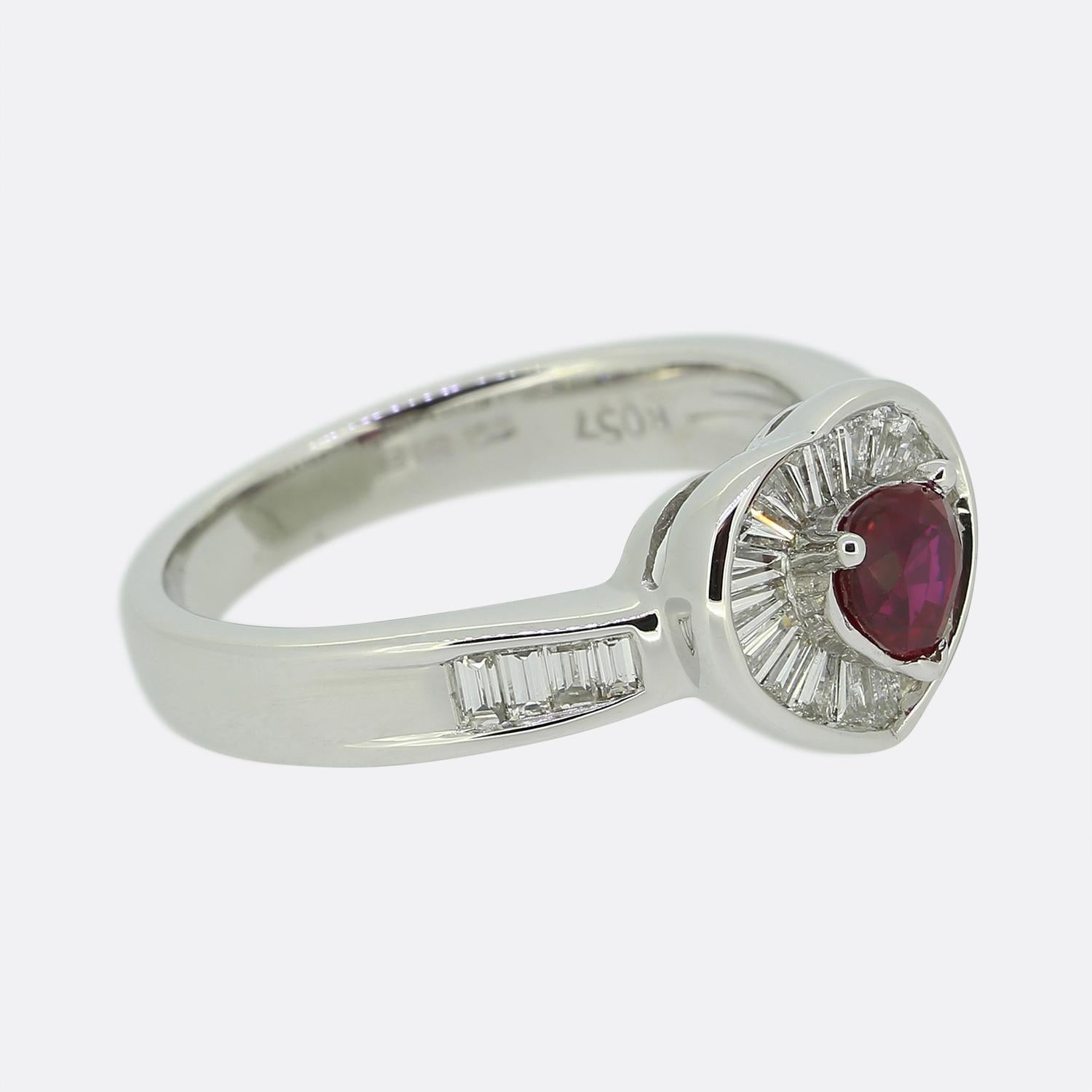 Heart Cut 0.57 Carat Ruby and Baguette Cut Diamond Heart Ring For Sale