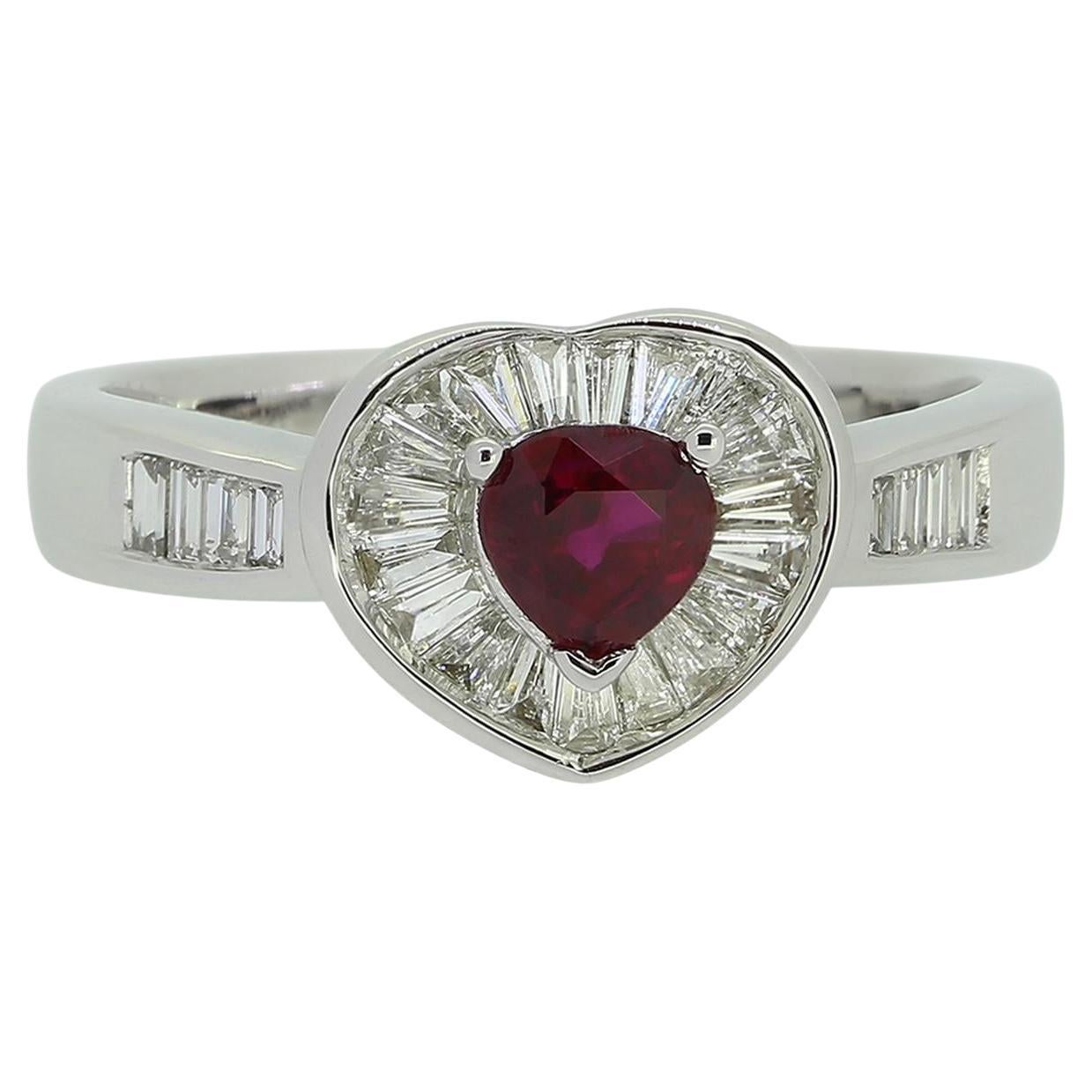0.57 Carat Ruby and Baguette Cut Diamond Heart Ring For Sale