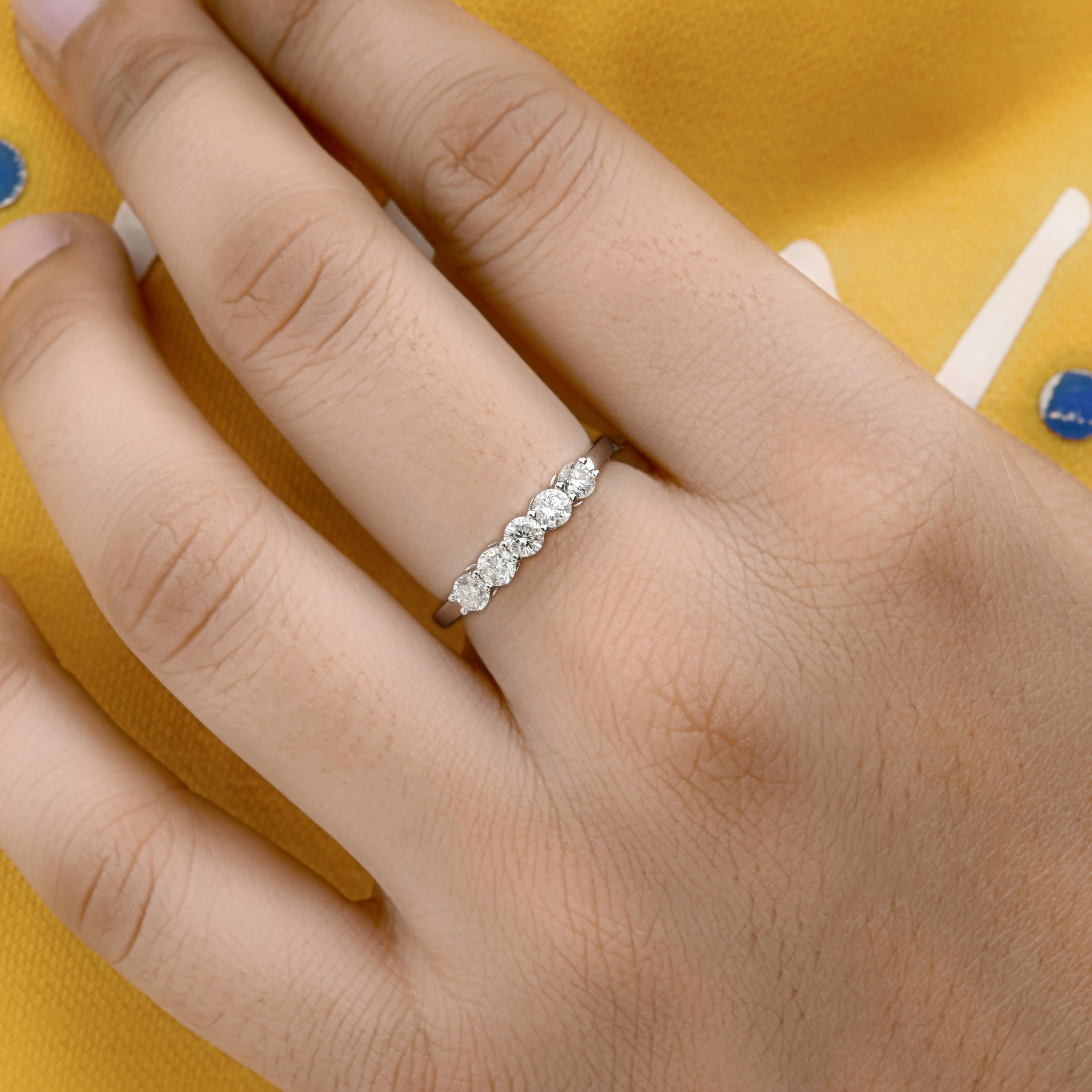 Round Cut 0.57 Carat SI Clarity HI Color Round Diamond 5 Stone 18 Karat White Gold Ring For Sale