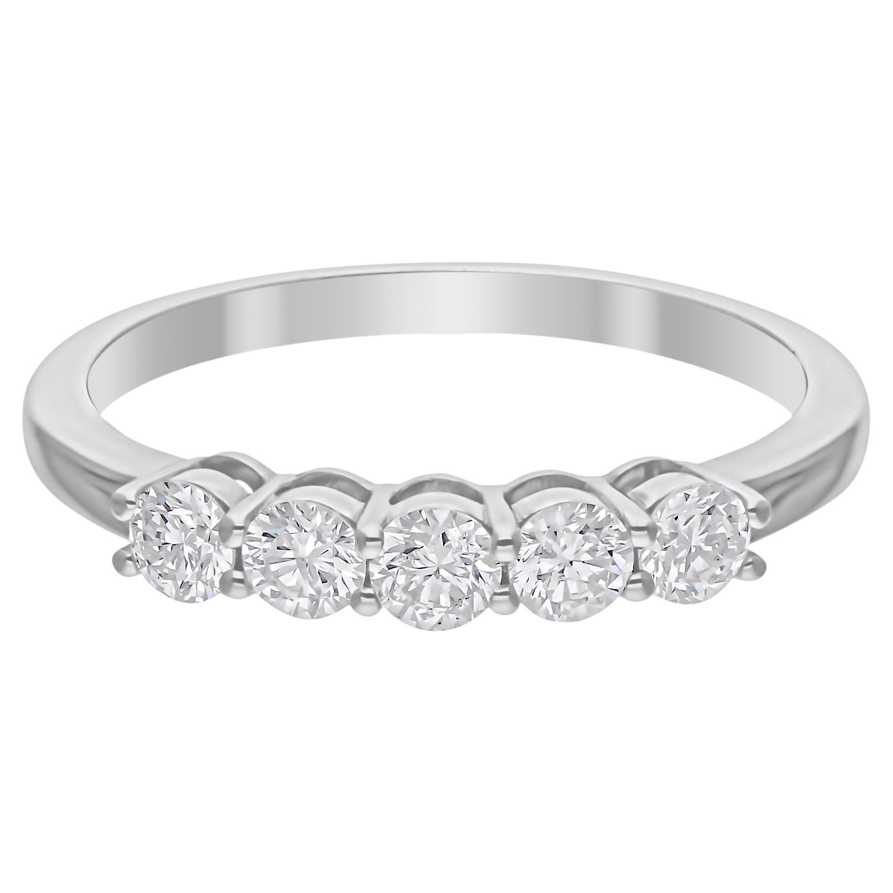 0.57 Carat SI Clarity HI Color Round Diamond 5 Stone 18 Karat White Gold Ring For Sale