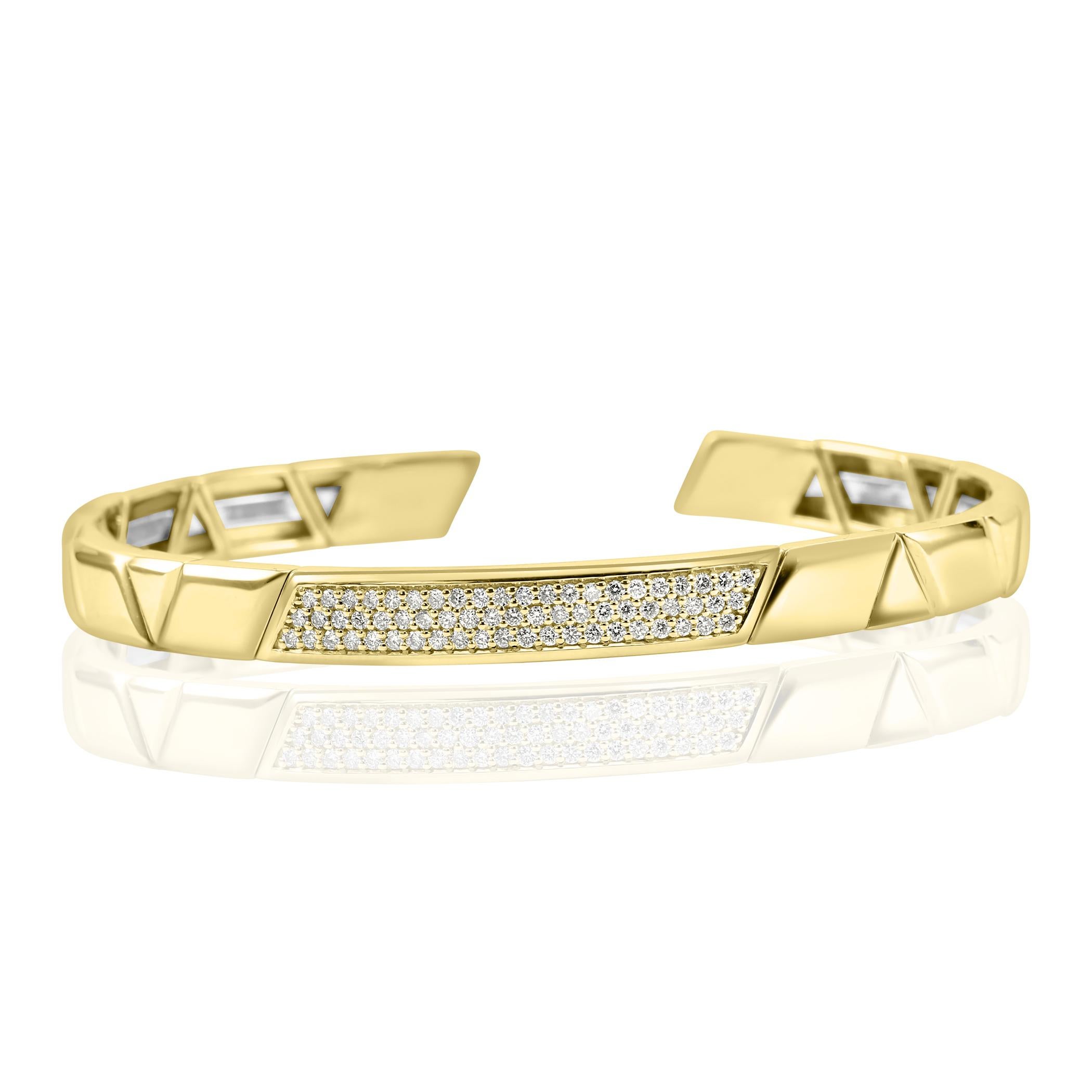 Bracelet manchette de luxe semi-flexible en or jaune 14 carats avec diamants blancs ronds de 0,57 carat