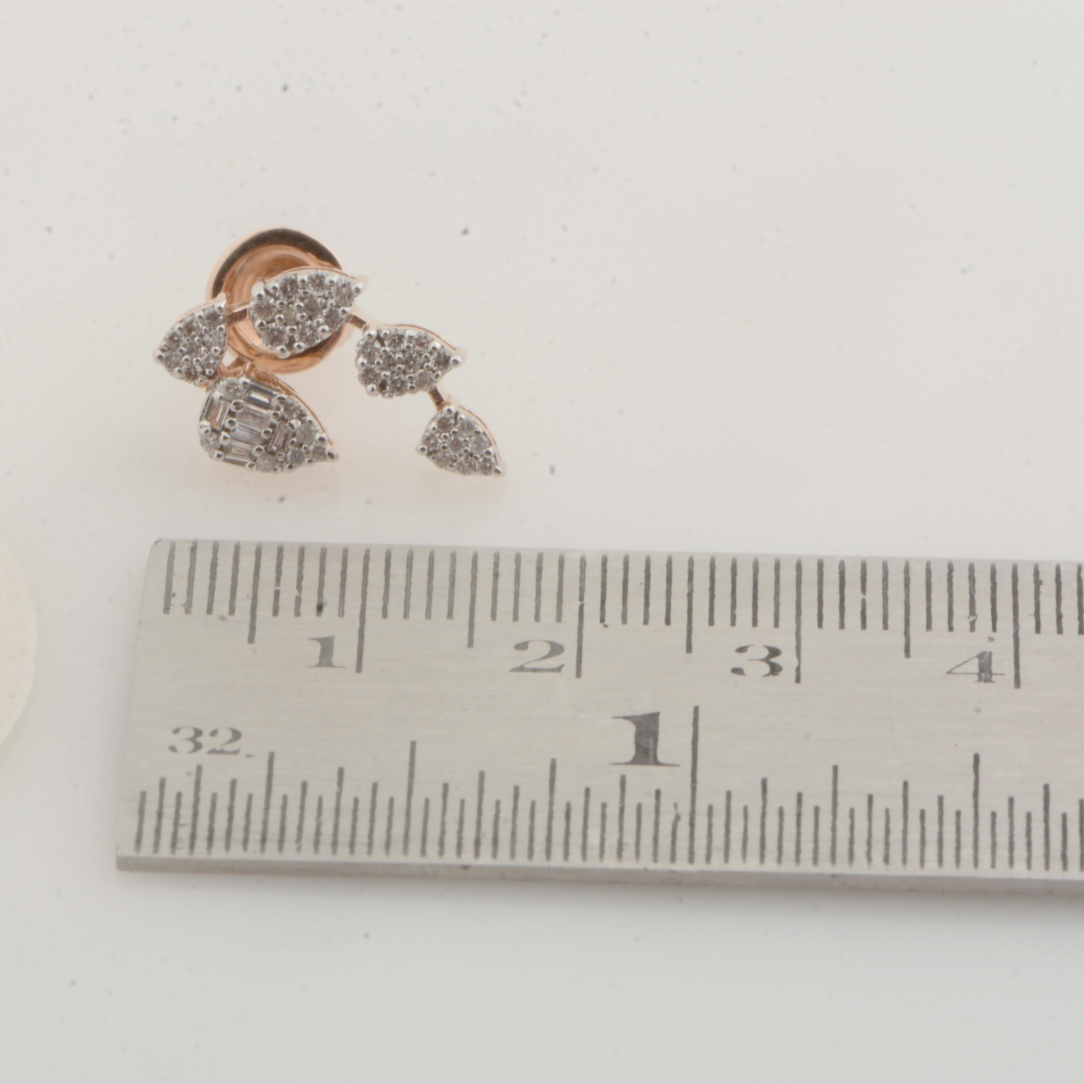 Baguette Cut 0.570 Carat Baguette Diamond Leaf Stud Earrings Solid 14k Rose Gold Fine Jewelry For Sale