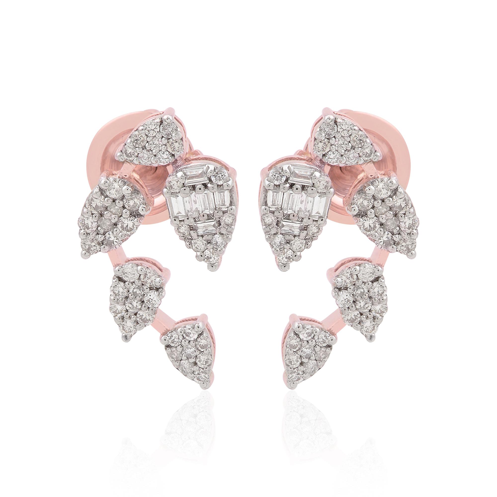 Modern 0.570 Carat Baguette Diamond Leaf Stud Earrings Solid 18k Rose Gold Fine Jewelry For Sale