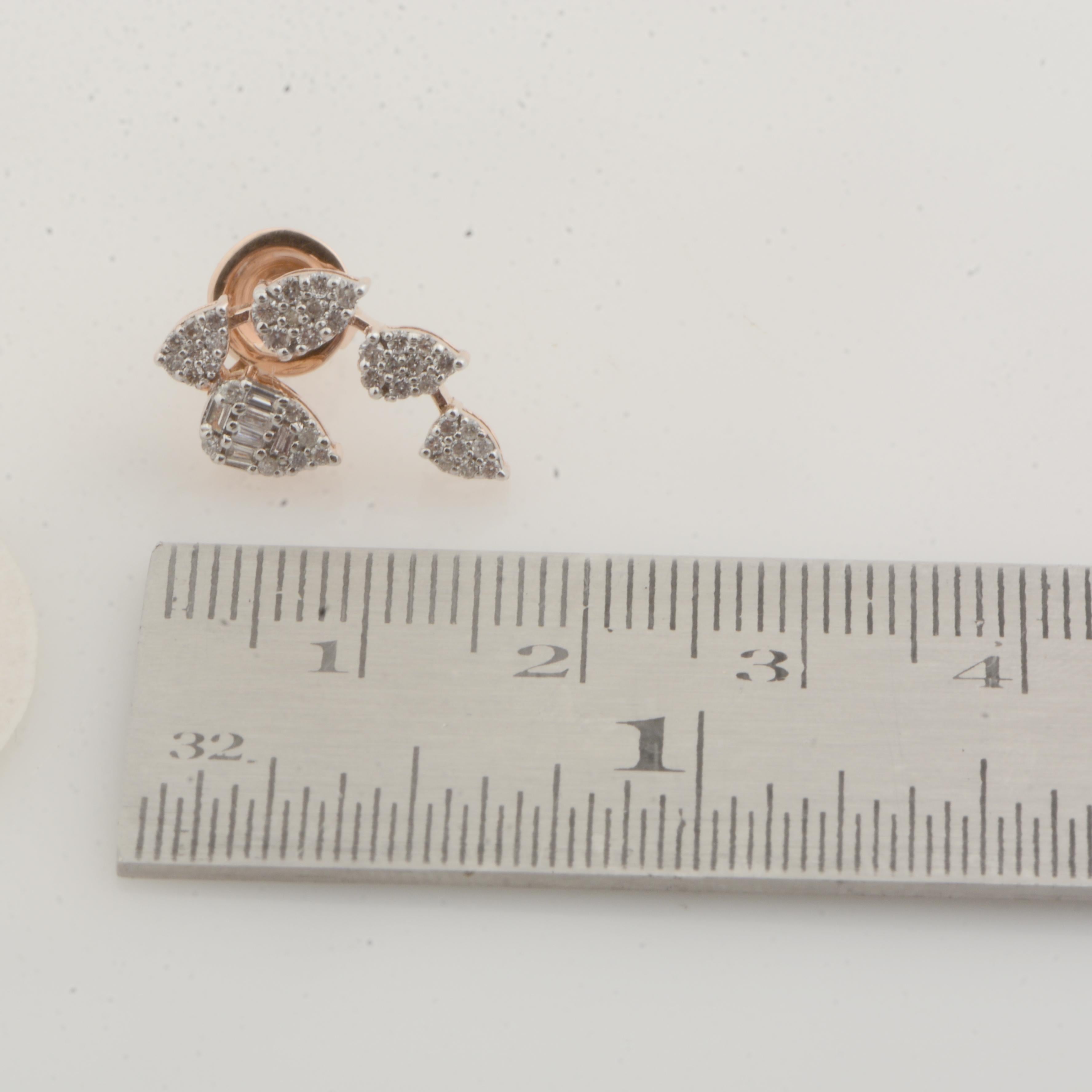 Baguette Cut 0.570 Carat Baguette Diamond Leaf Stud Earrings Solid 18k Rose Gold Fine Jewelry For Sale