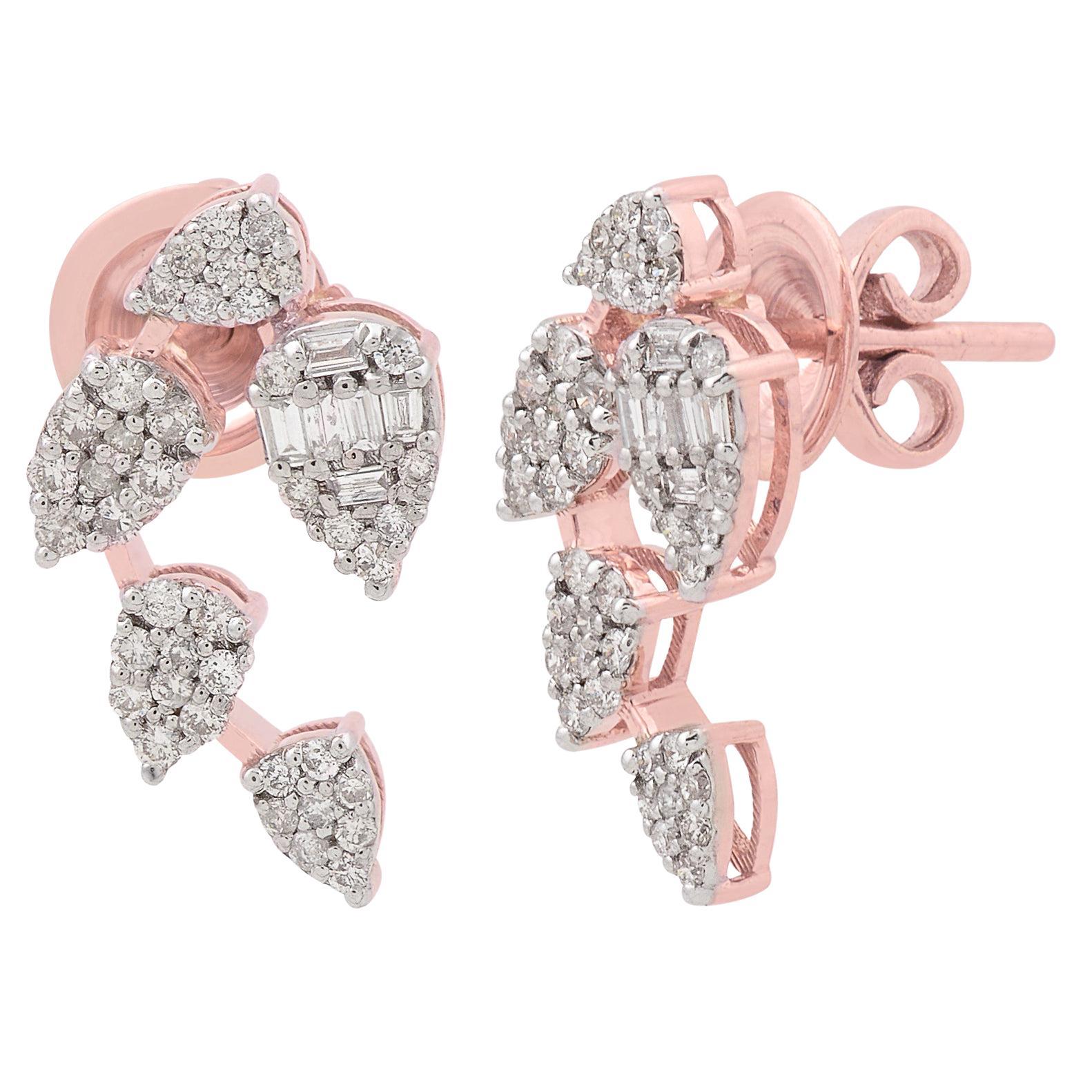 0.570 Carat Baguette Diamond Leaf Stud Earrings Solid 18k Rose Gold Fine Jewelry For Sale