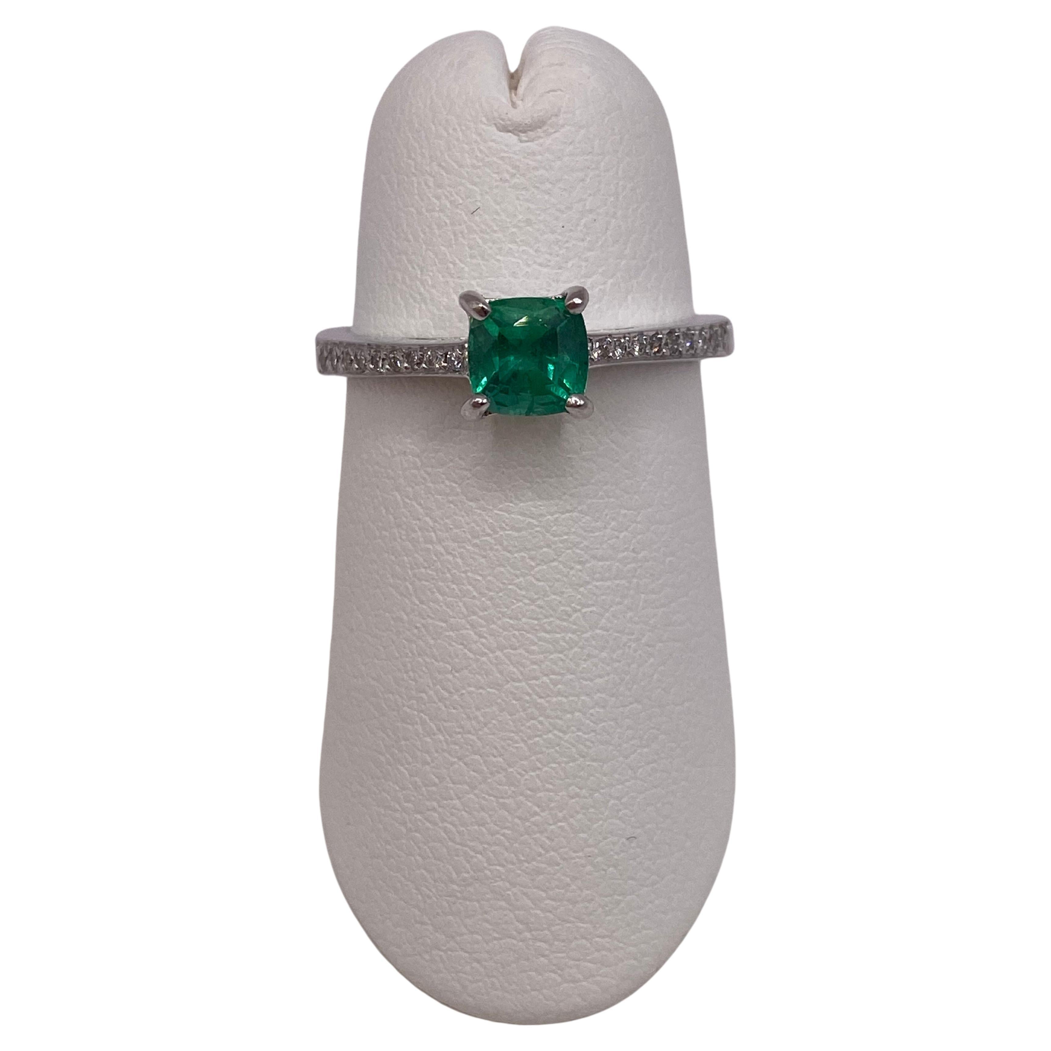 0.57ct Emerald & Round Diamond Ring in 14KT White Gold For Sale