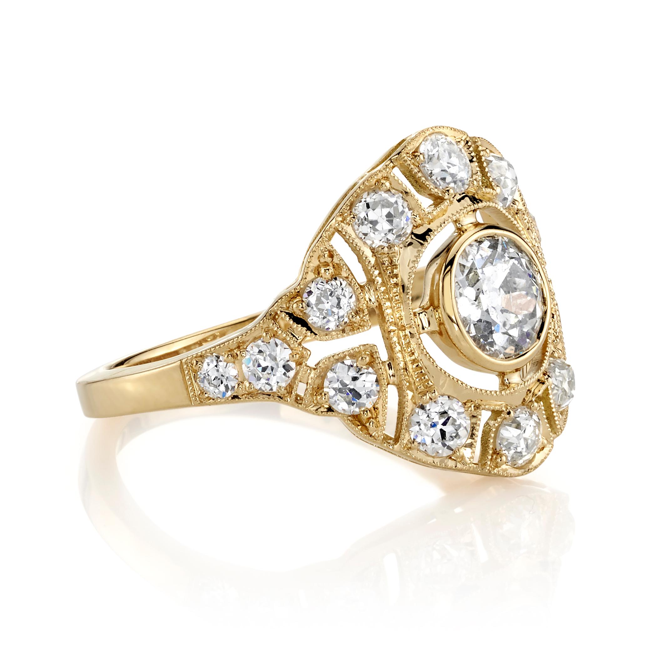 0.57ct F/I1 GIA certified old European cut diamond with 0.75ctw diamond accents set in a handcrafted 18K yellow gold mounting. Ring is currently a size 6 and can be sized to fit.