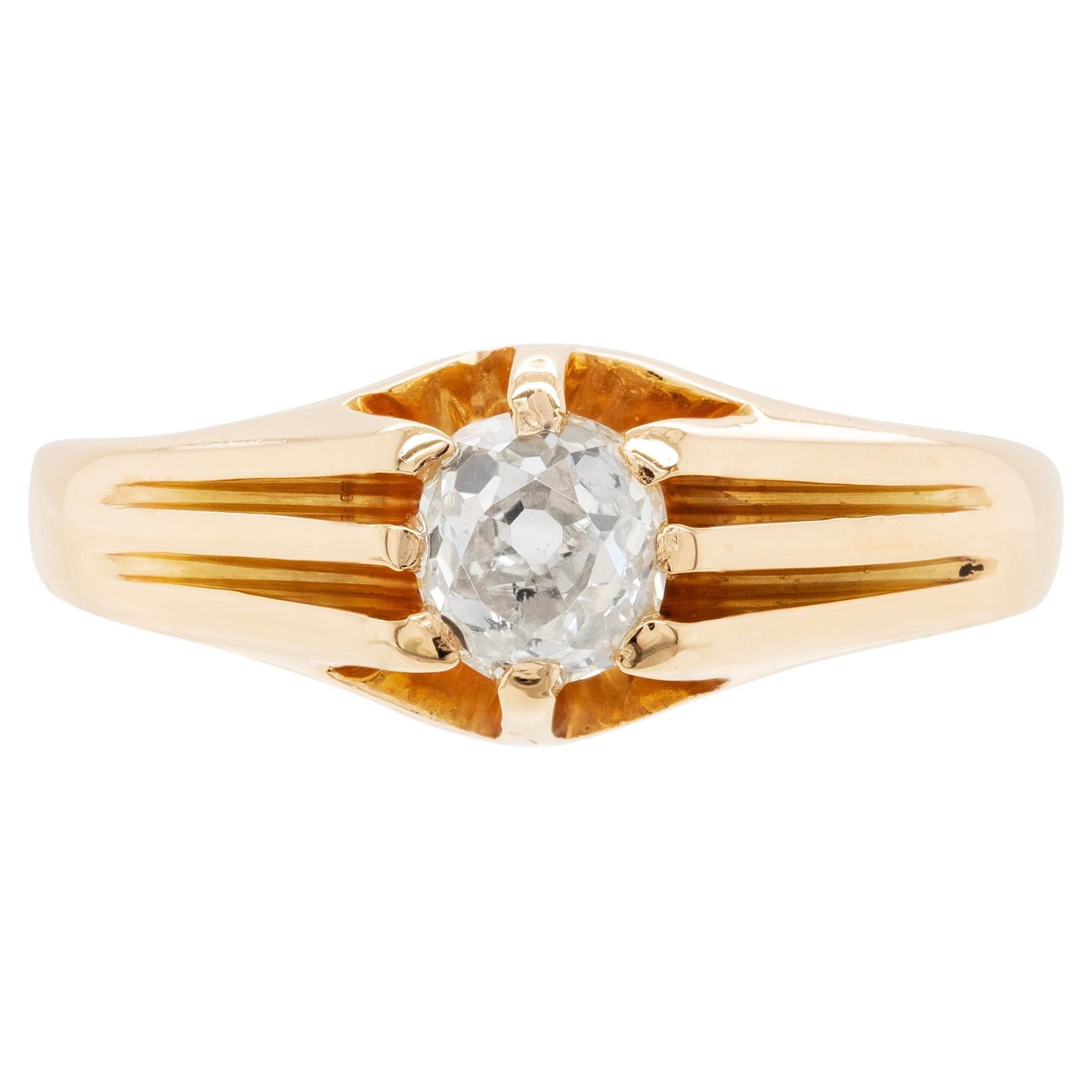 0.57 Carat Old Mine Cut Diamond 18 Carat Yellow Gold Gents Ring