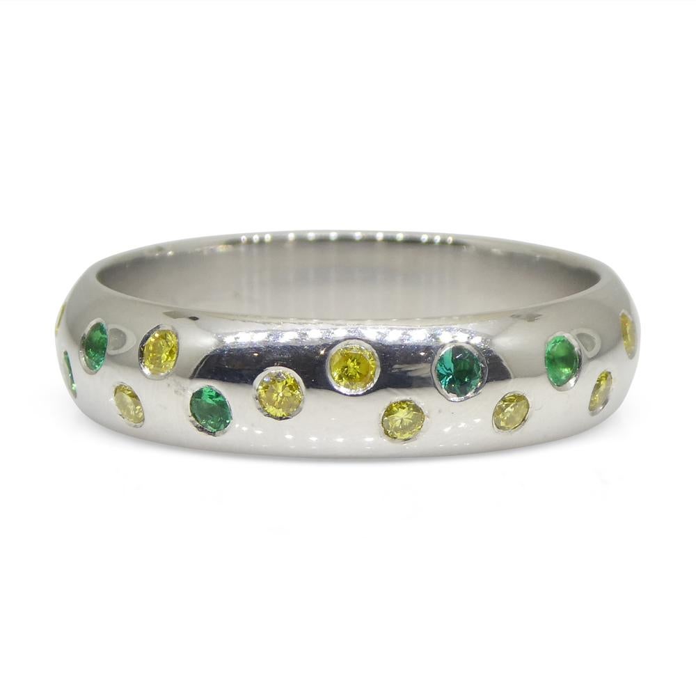 Contemporary 0.57ct Yellow Diamond & Emerald Starry Night Wedding Ring set in 14k White Gold For Sale