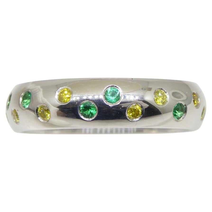 0.57ct Yellow Diamond & Emerald Starry Night Wedding Ring set in 14k White Gold For Sale