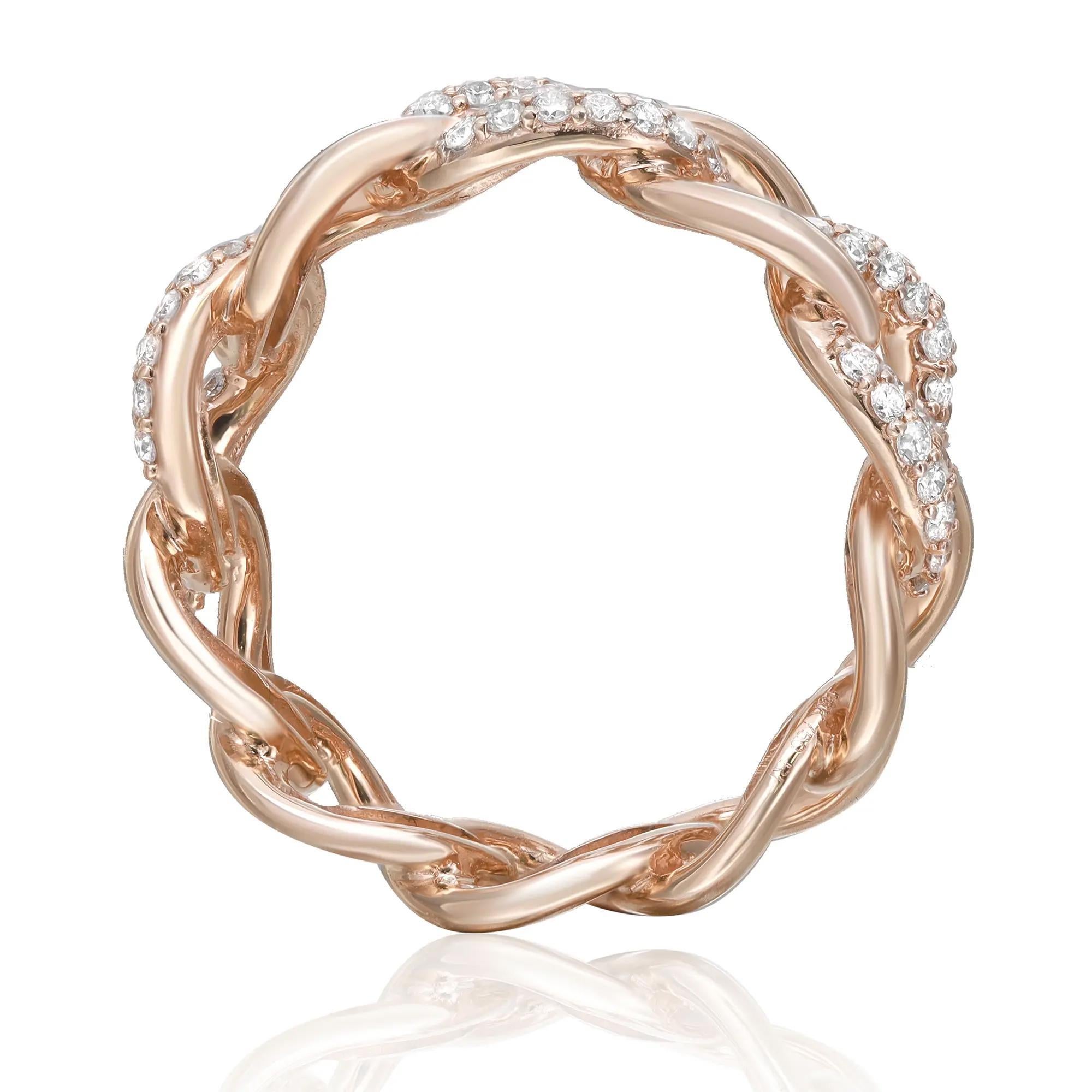 This classic yet elegant chain link ring band features pave set round brilliant cut diamonds encrusted in three alternate links. Crafted in high polished 18k rose gold. Total diamond weight: 0.57Cttw. Diamond quality: Color G-H and Clarity VS-SI.