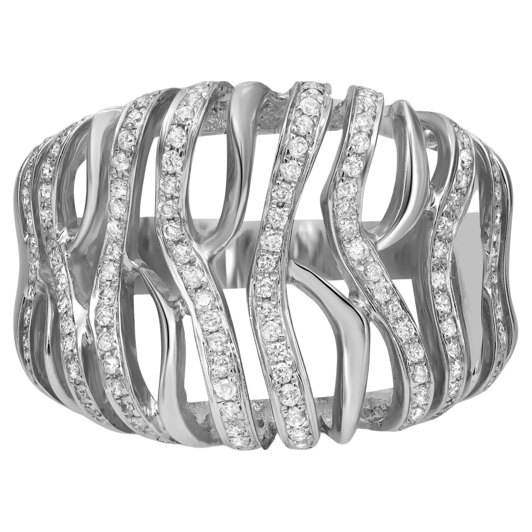Bague à large anneau en or blanc 14 carats avec diamants ronds sertis en pavé 0,57 carat