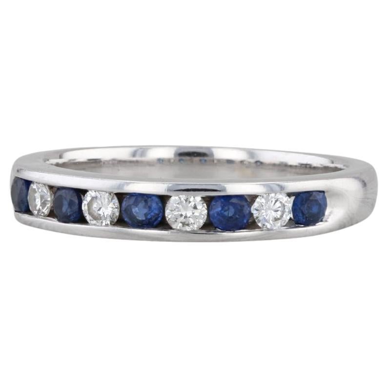 0.57ctw Blue Sapphire Diamond Wedding Band 14k White Gold Sz 8.25 Stackable Ring