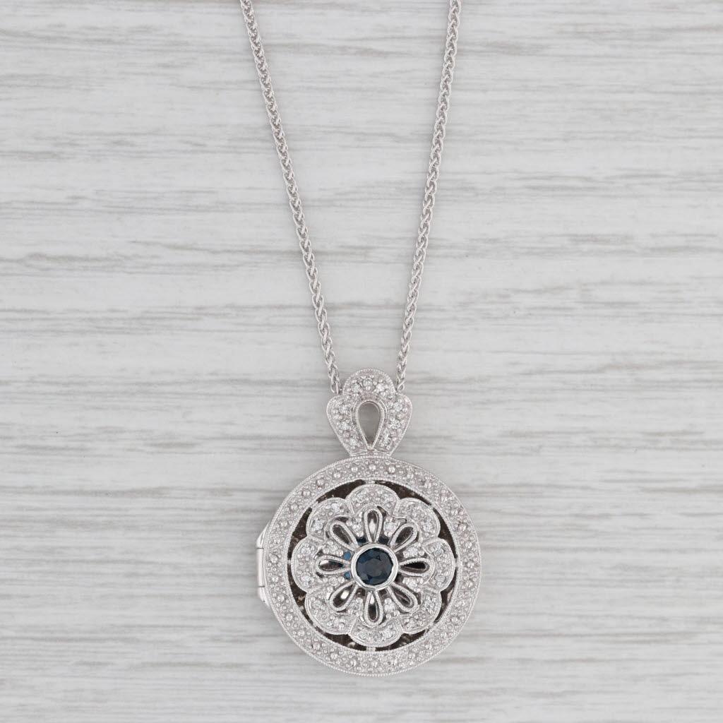 0.57ctw Sapphire Diamond Flower Diffuser Pendant Necklace 14k White Gold 15.75" For Sale