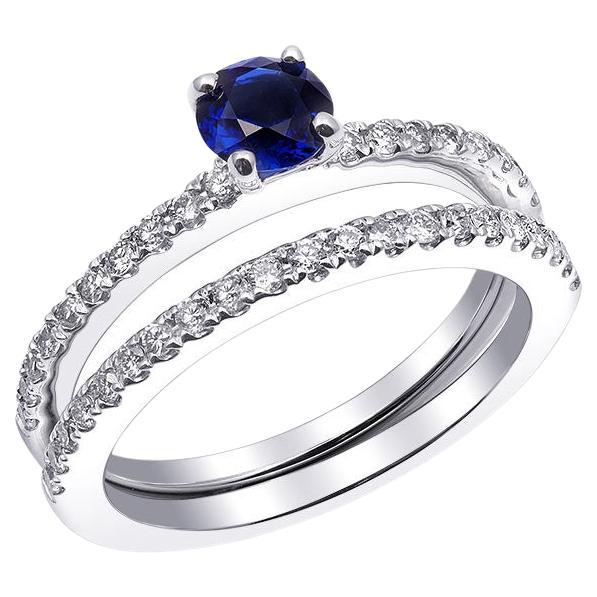 0.58 Carat Blue Sapphire Diamond set in 14K White Gold Ring For Sale