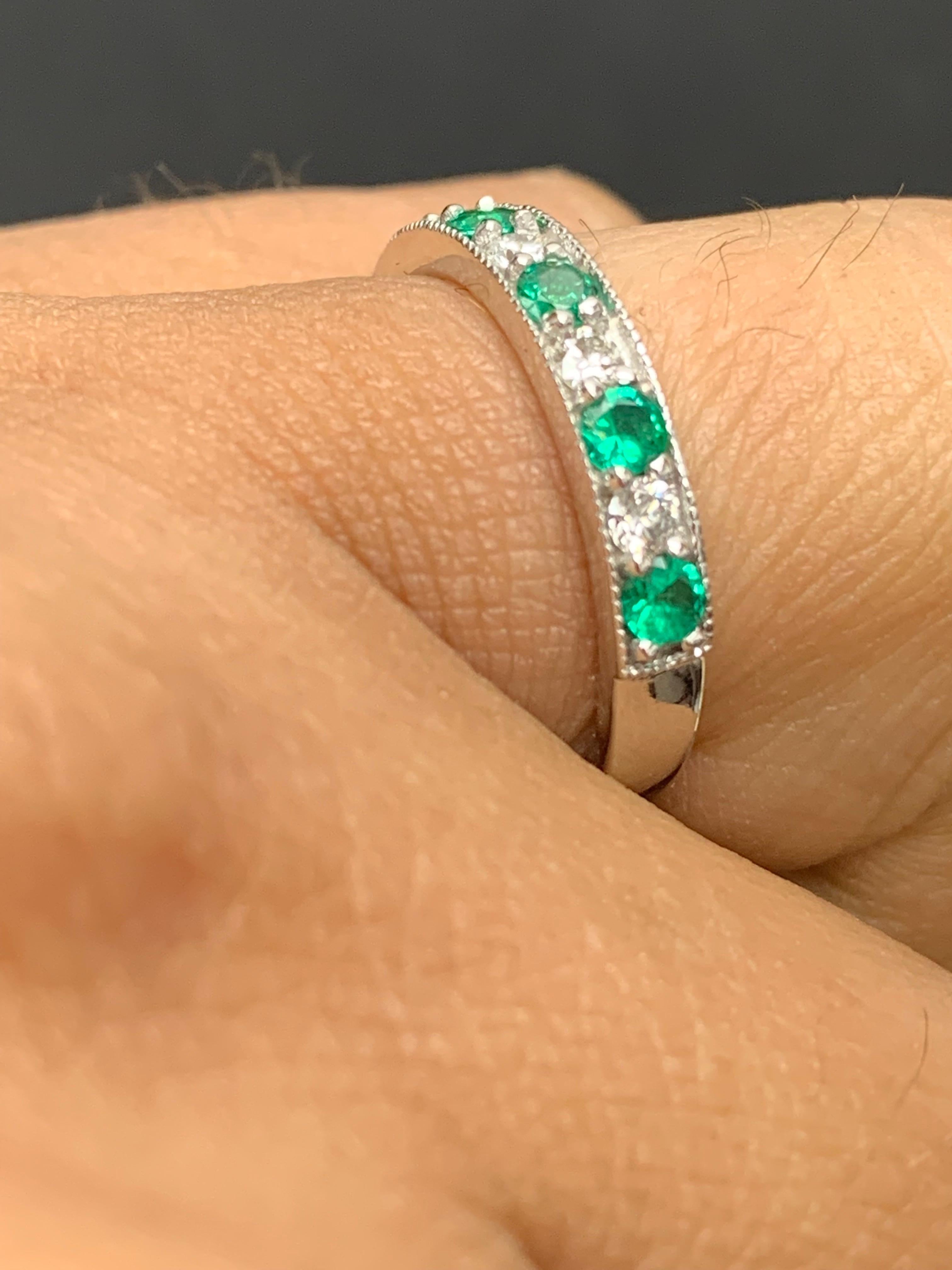 Women's 0.58 Carat Brilliant Cut Emerald and Diamond Band in 14K White Gold For Sale