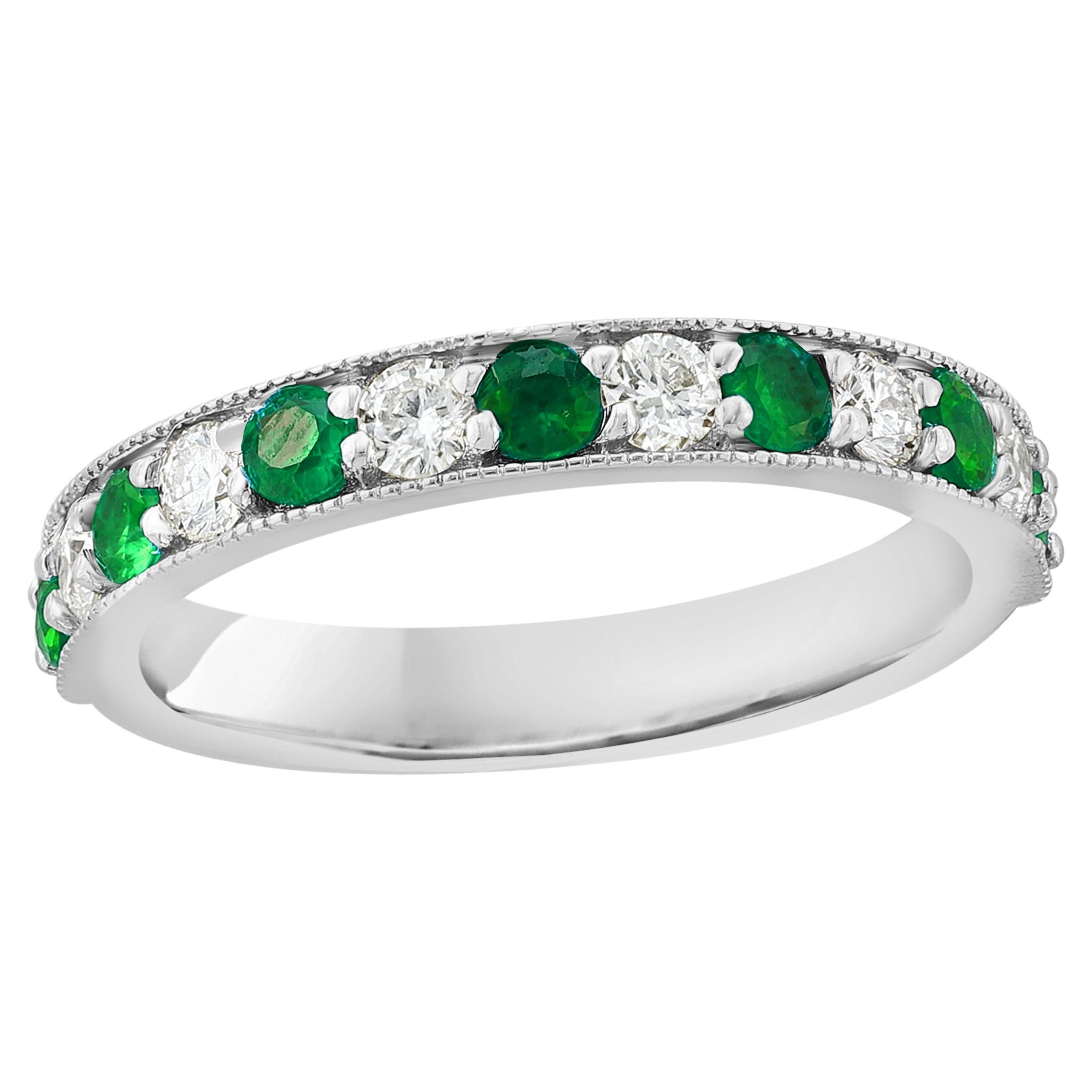 0.58 Carat Brilliant Cut Emerald and Diamond Band in 14K White Gold For Sale