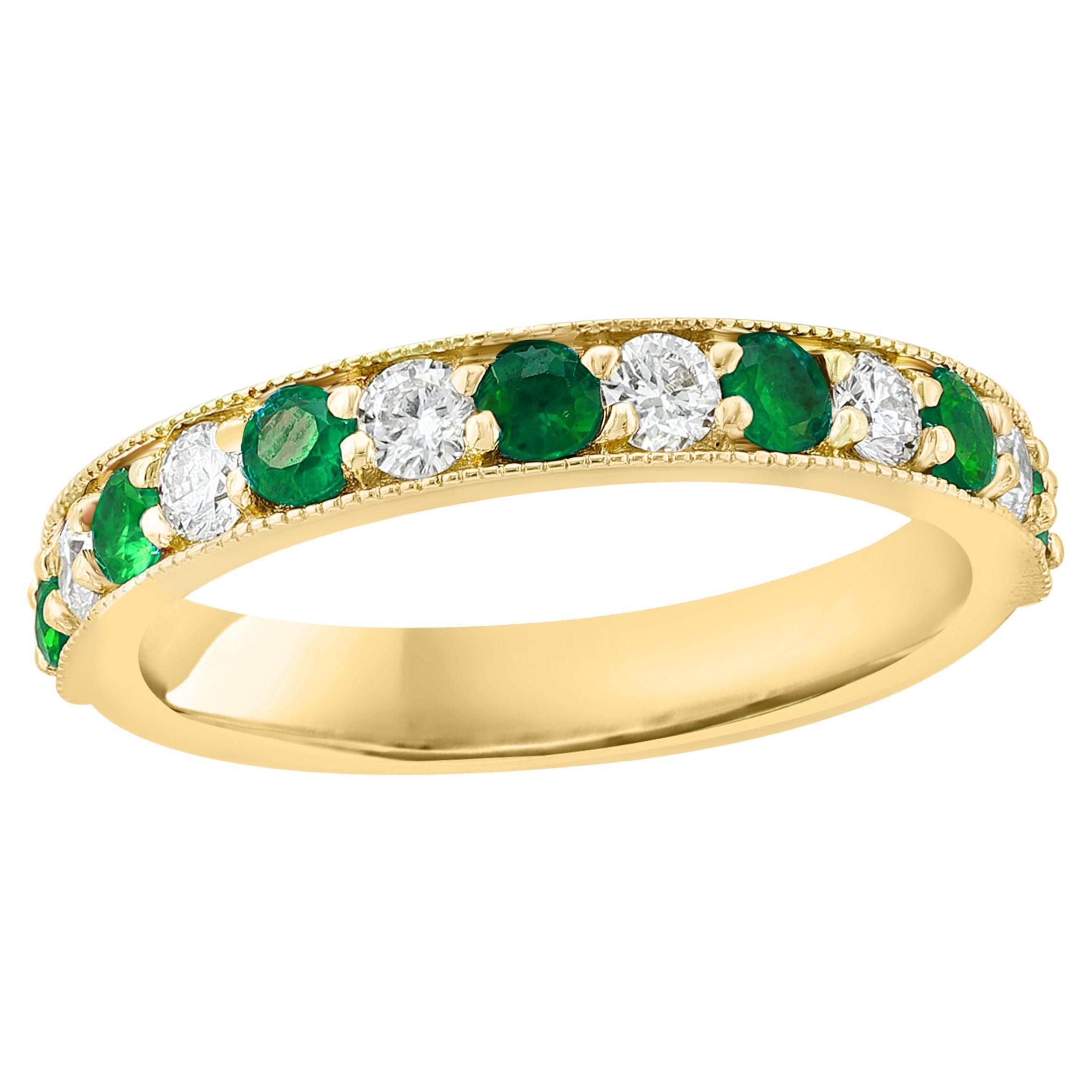 0.58 Carat Brilliant Cut Emerald and Diamond Band in 14K Yellow Gold For Sale