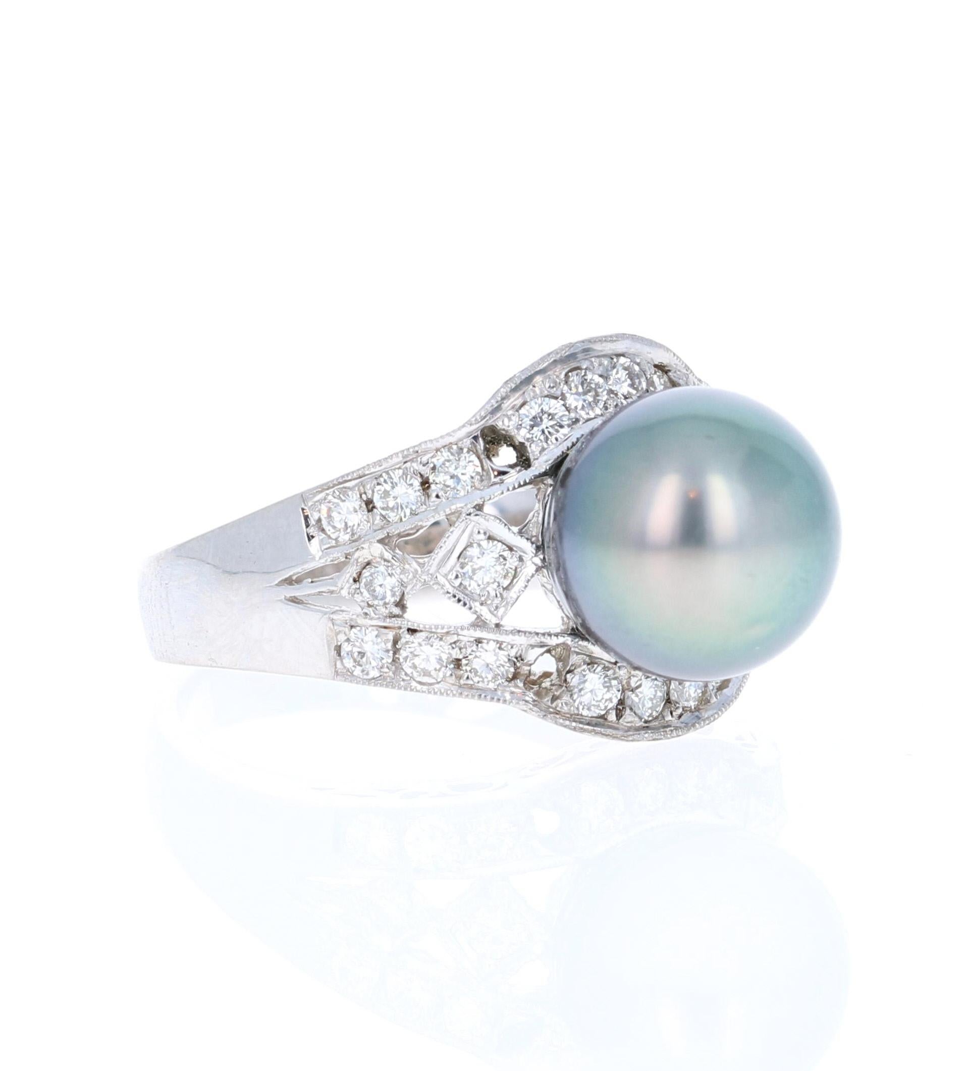 0.58 Carat Diamond and Tahitian Pearl 14K White Gold Ring
This cute and dainty ring has 26 Round Cut Diamonds that weigh 0.58 Carats. (Clarity: VS, Color: H).  The ring is crafted in 14K White Gold and weighs approximately 5.0grams
The ring size is